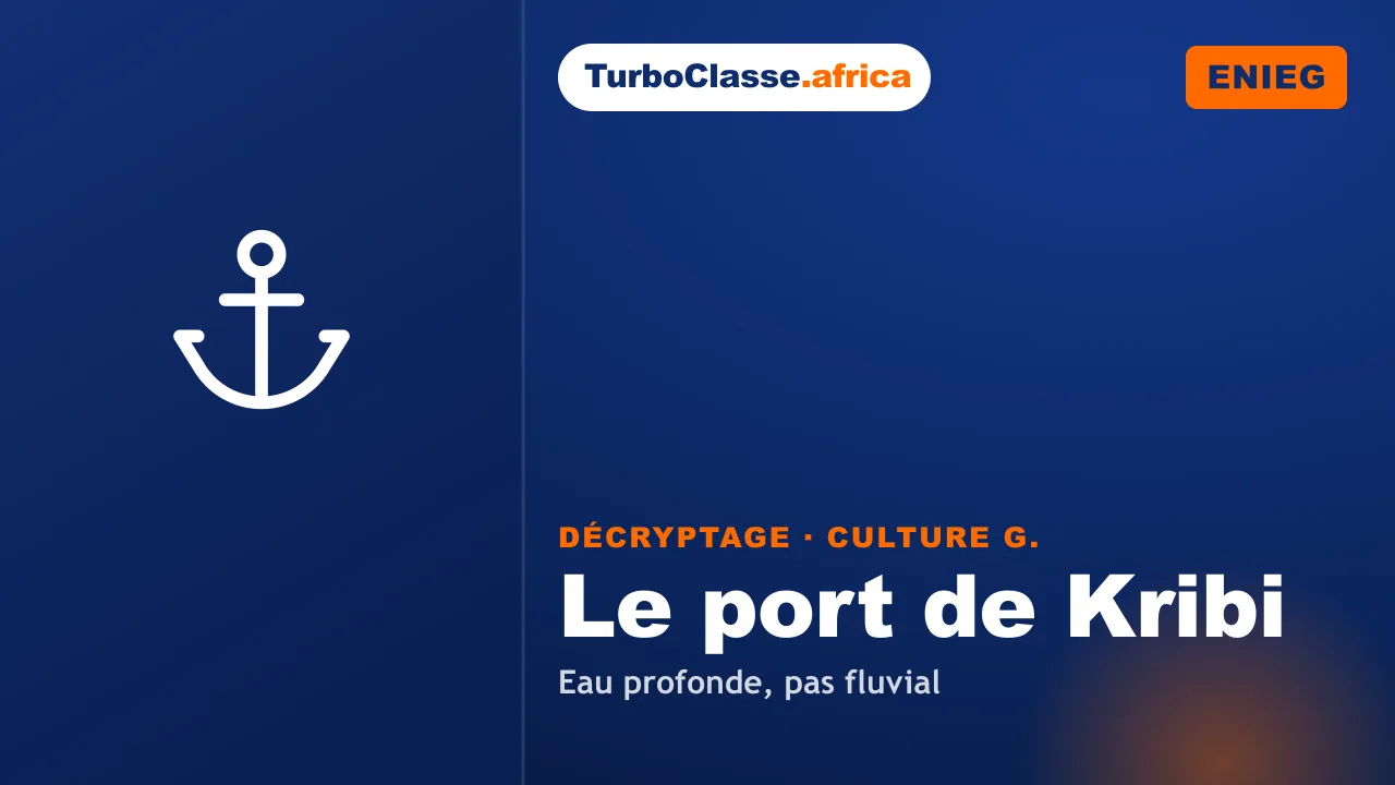 Le Décryptage Thoth — Concours ENIEG, Culture générale : le port en eau profonde de Kribi, sur fond bleu nuit TurboClasse. La carte affiche le titre du décryptage et sa matière. Elle sert de couverture à l'article et à la vidéo jumelle.