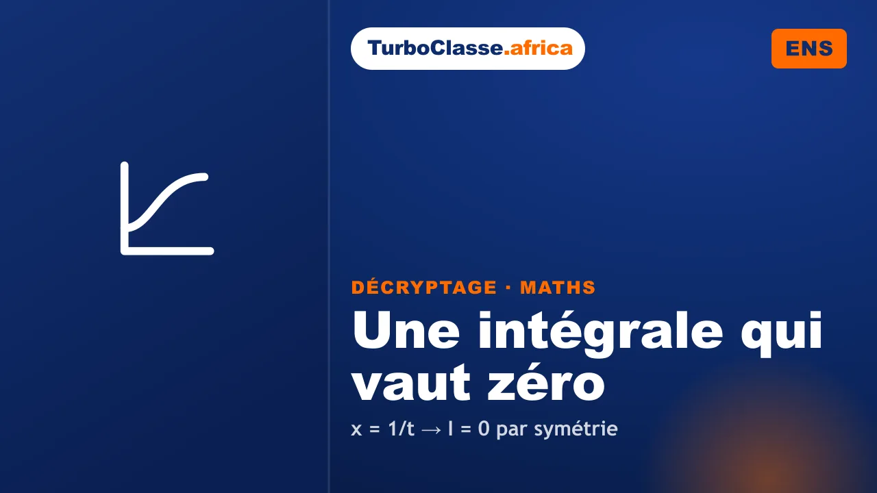 Le Décryptage Thoth — Concours ENS, Mathématiques : une intégrale qui vaut zéro, sur fond bleu nuit TurboClasse. La carte affiche le titre du décryptage et sa matière. Elle sert de couverture à l'article et à la vidéo jumelle.