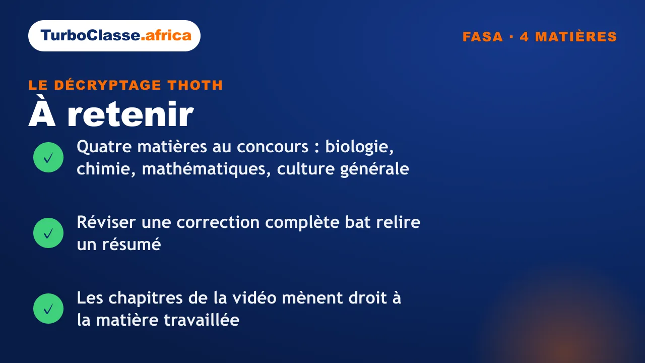 Carte « à retenir » : les trois réflexes de révision pour le concours FASA. Quatre matières au programme, une correction complète vaut mieux qu'un résumé relu, et les chapitres de la vidéo mènent droit à la matière travaillée. Fond bleu nuit TurboClasse.