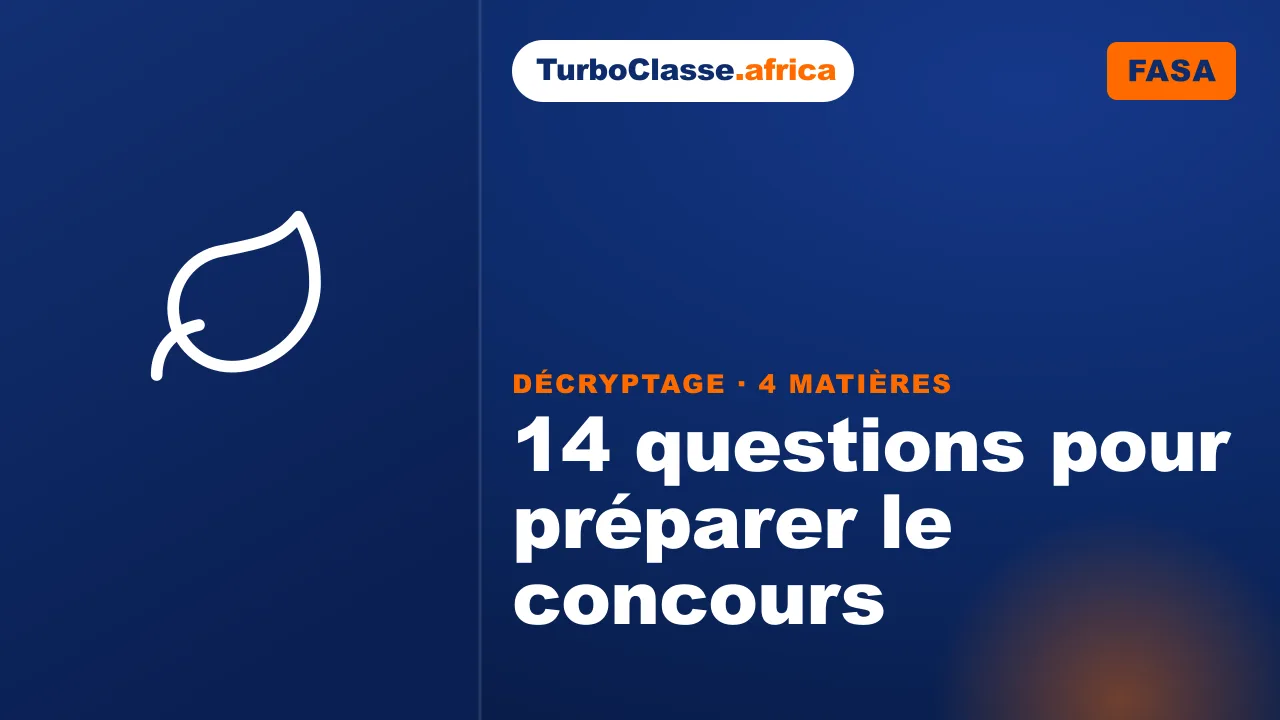 Le Décryptage Thoth — Concours FASA, les 4 matières : 14 questions pour préparer le concours, sur fond bleu nuit TurboClasse. La carte sert de couverture à l'article et à la vidéo de compilation.