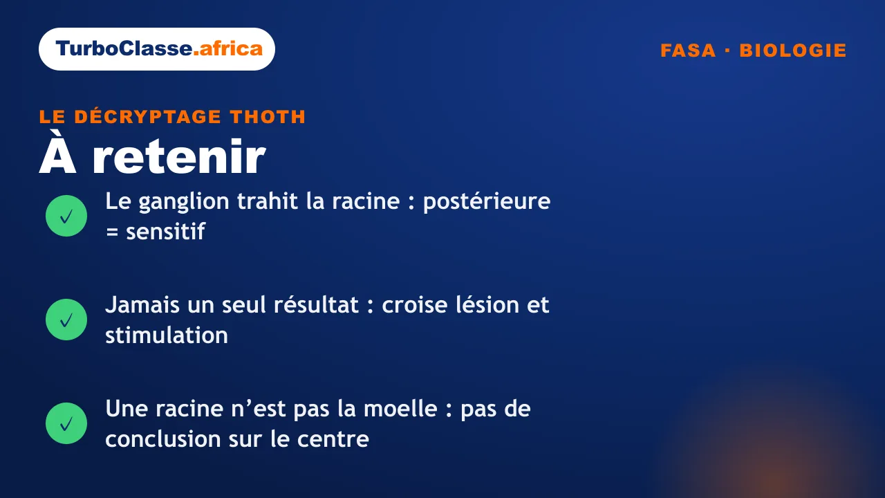 Carte « à retenir » : les trois réflexes sur l'arc réflexe et le rôle des racines rachidiennes, concours FASA. Fond bleu nuit TurboClasse.