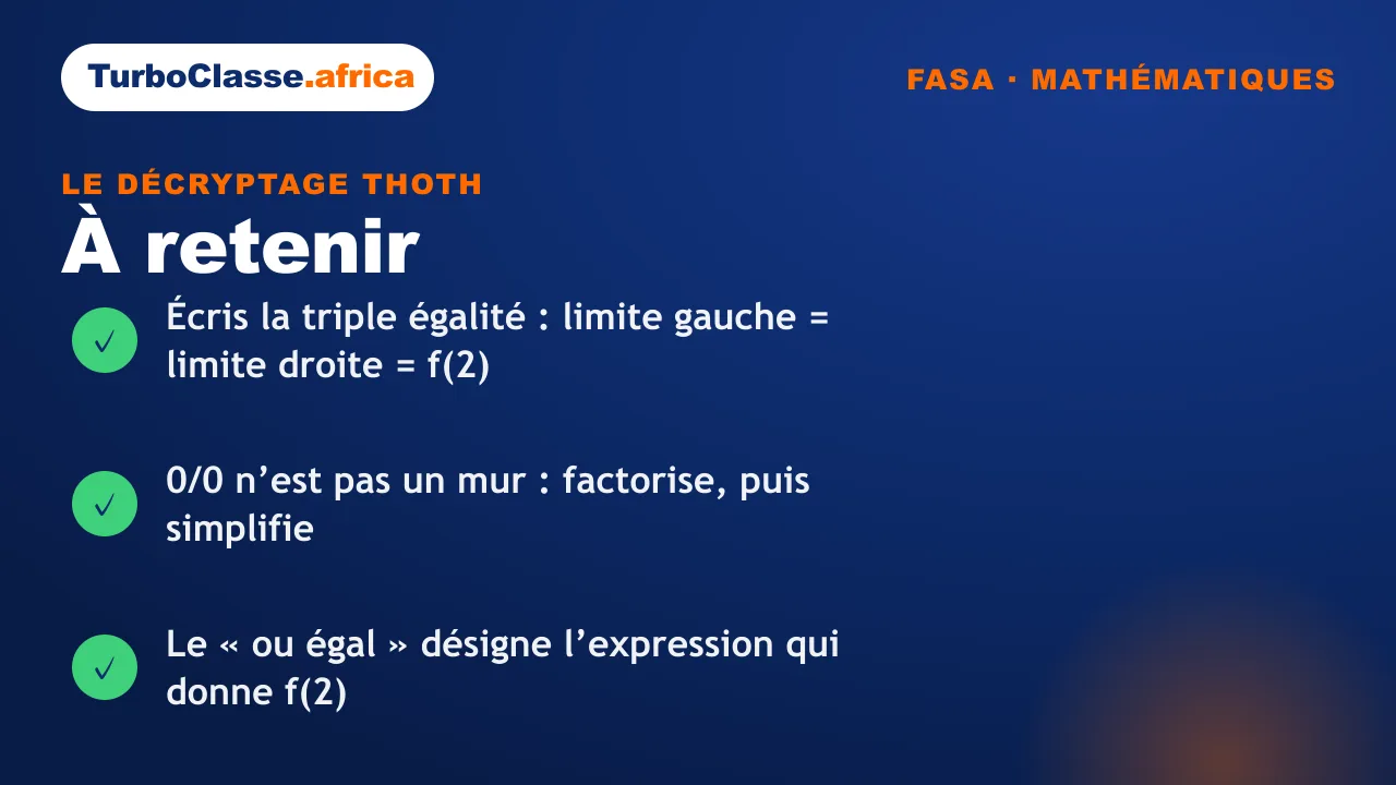 Carte « à retenir » : les trois réflexes sur la continuité d'une fonction et le raccordement en un point, concours FASA. Fond bleu nuit TurboClasse.