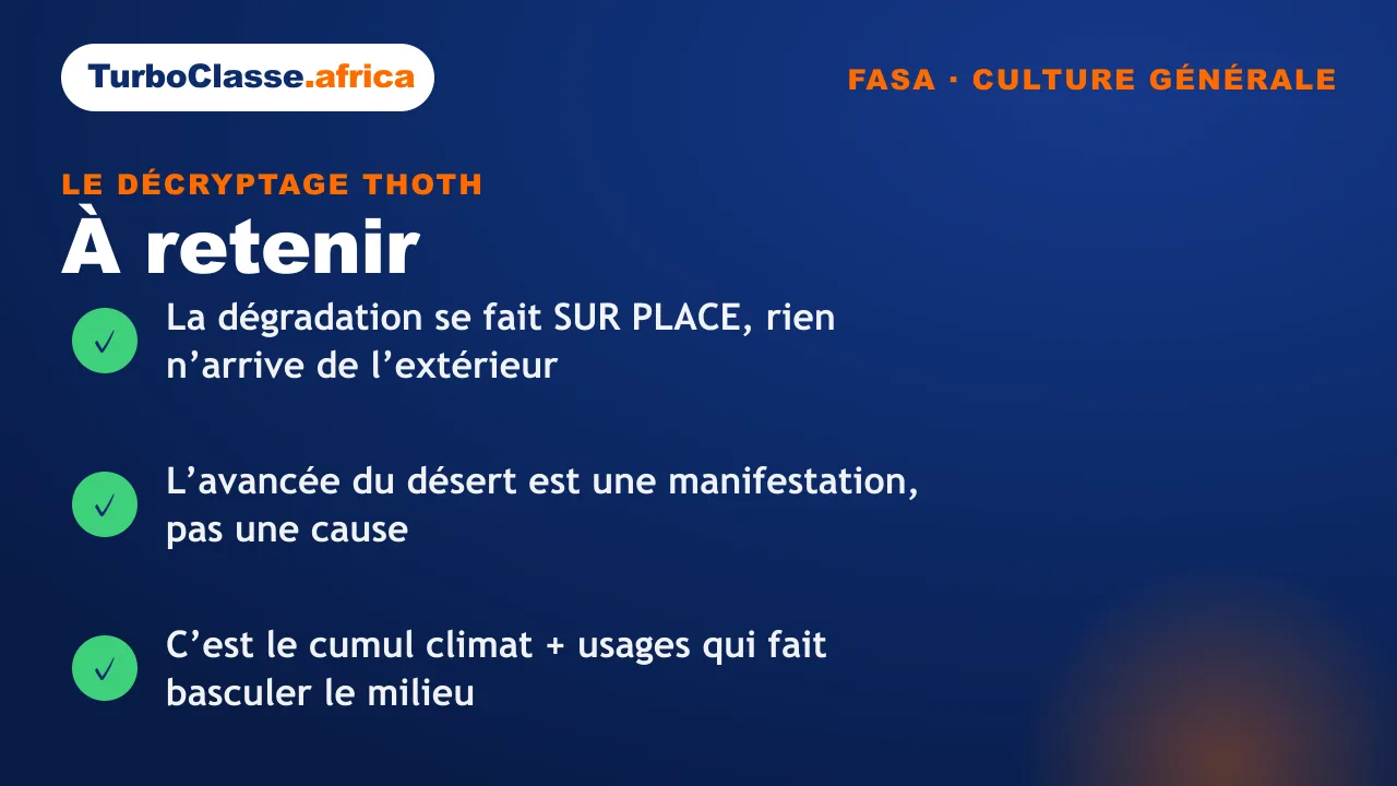 Carte « à retenir » : les trois réflexes sur la désertification et ses causes réelles, concours FASA. Fond bleu nuit TurboClasse.