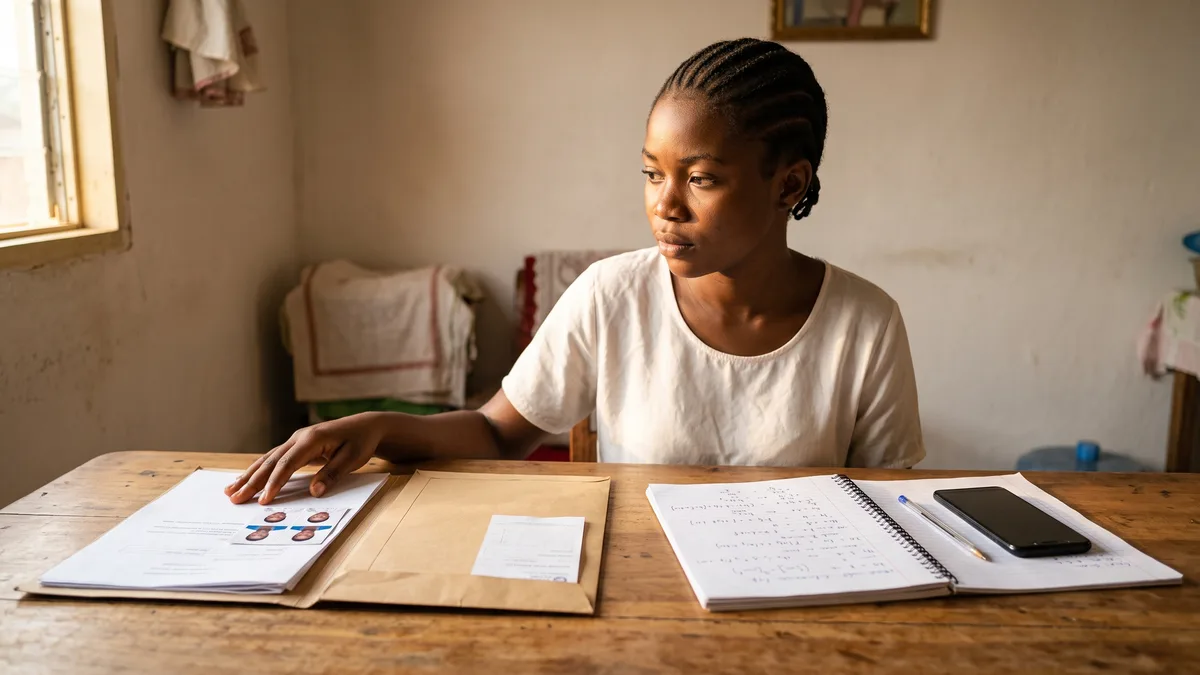 Une jeune Camerounaise à une table en bois : à gauche son dossier de candidature, à droite son cahier d'exercices et son téléphone.