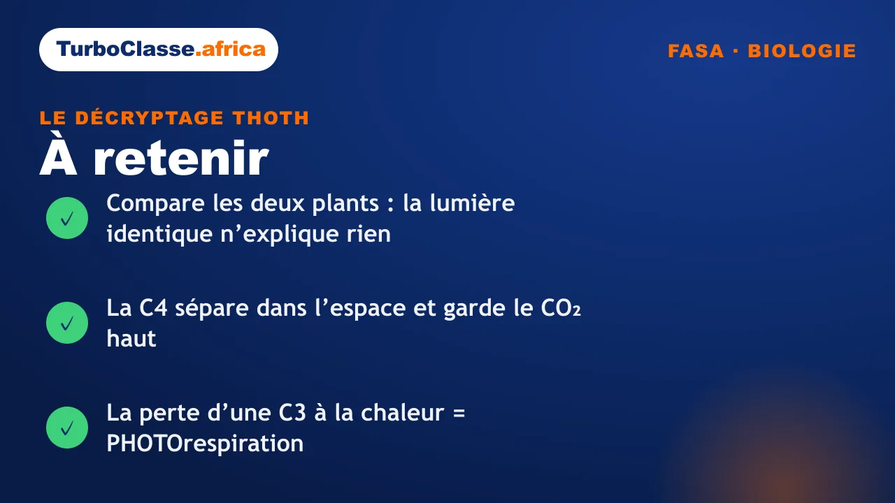 Carte « à retenir » : les trois réflexes sur la photosynthèse des plantes en C3 et en C4, concours FASA. Fond bleu nuit TurboClasse.