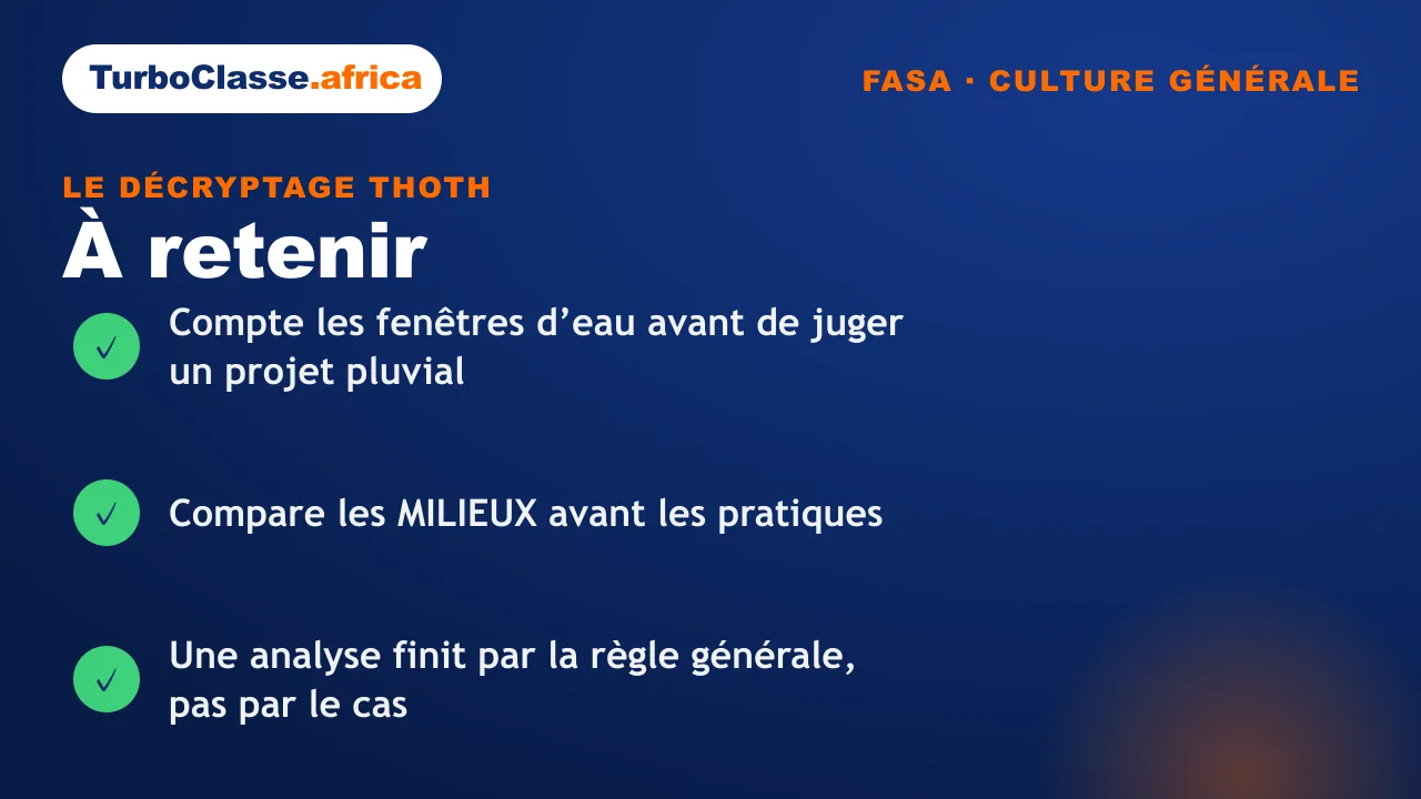 Carte « à retenir » : les trois réflexes sur pluviométrie et campagnes agricoles, concours FASA. Fond bleu nuit TurboClasse.