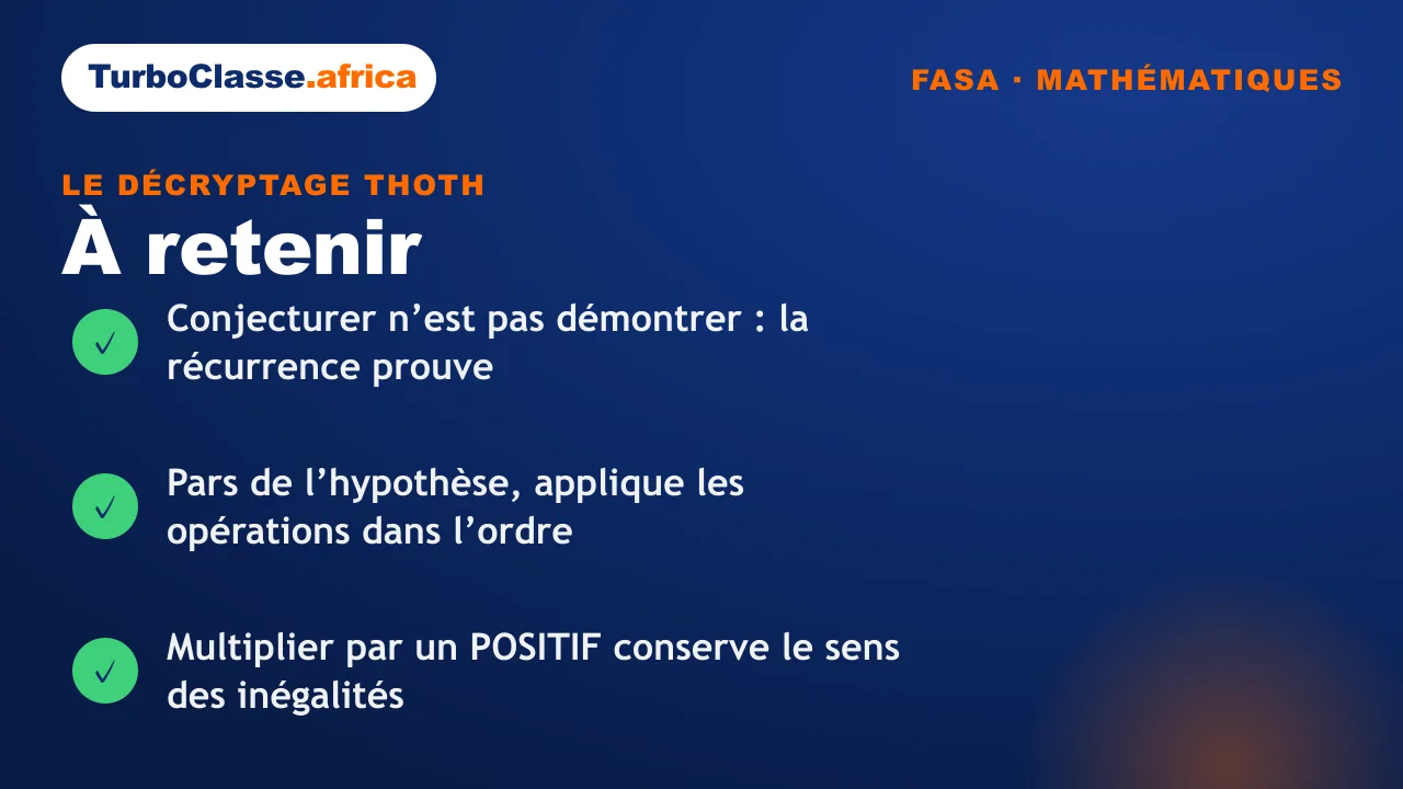 Carte « à retenir » : les trois réflexes sur une suite définie par récurrence et son encadrement, concours FASA. Fond bleu nuit TurboClasse.