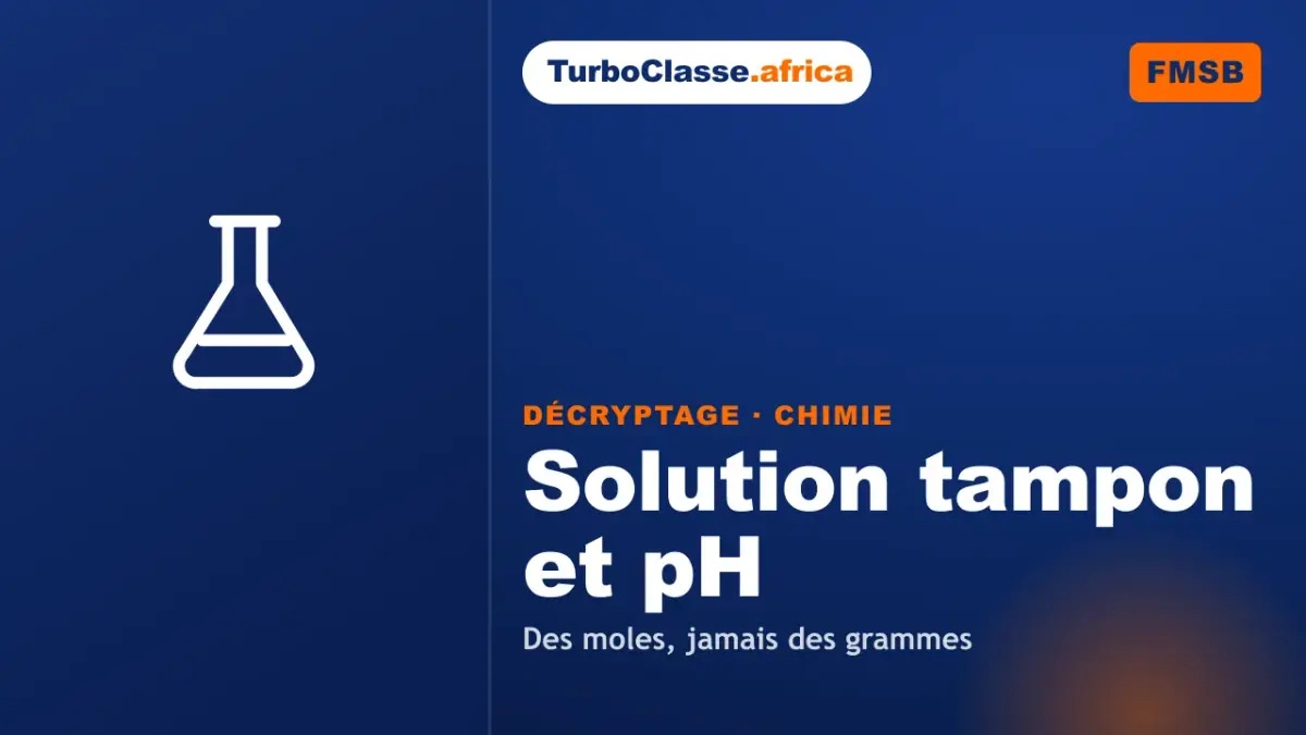 Le Décryptage Thoth — Concours FMSB, Chimie : solution tampon et pH, le piège moles/grammes, sur fond bleu nuit TurboClasse. La carte affiche le titre du décryptage et sa matière. Elle sert de couverture à l'article et à la vidéo jumelle.