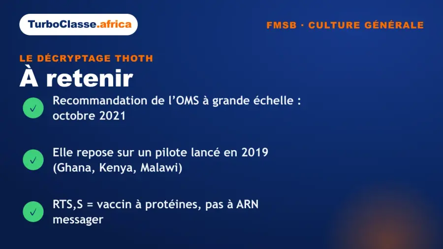 Carte « à retenir » : les trois réflexes sur le vaccin RTS,S au concours FMSB. Elle rappelle que la recommandation de l'OMS à grande échelle date de 2021, qu'elle repose sur un pilote lancé en 2019 au Ghana, au Kenya et au Malawi, et que le RTS,S est un vaccin à protéines et non à ARN messager. Fond bleu nuit TurboClasse.