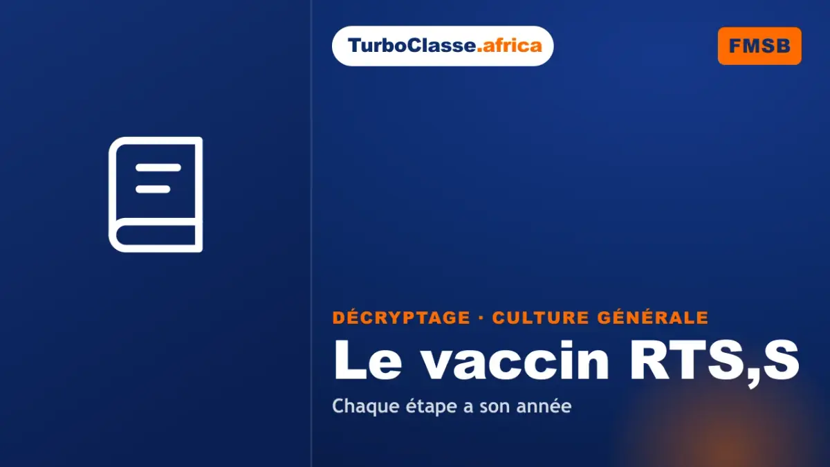 Le Décryptage Thoth — Concours FMSB, Culture générale : le vaccin RTS,S contre le paludisme, sur fond bleu nuit TurboClasse. La carte affiche le titre du décryptage et sa matière. Elle sert de couverture à l'article et à la vidéo jumelle.