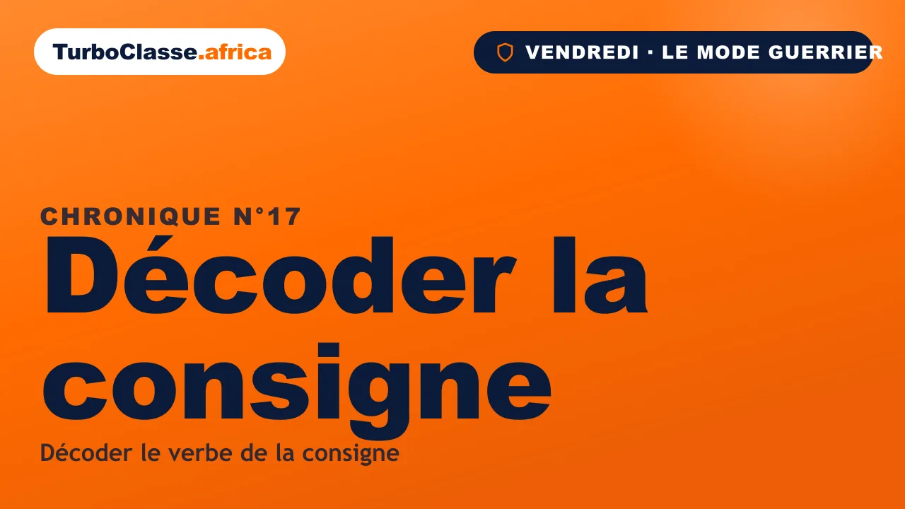 Chronique THOTH « Décoder la consigne » — souligner le verbe-clé (justifie, compare, déduis) avant de répondre, sur fond orange TurboClasse.