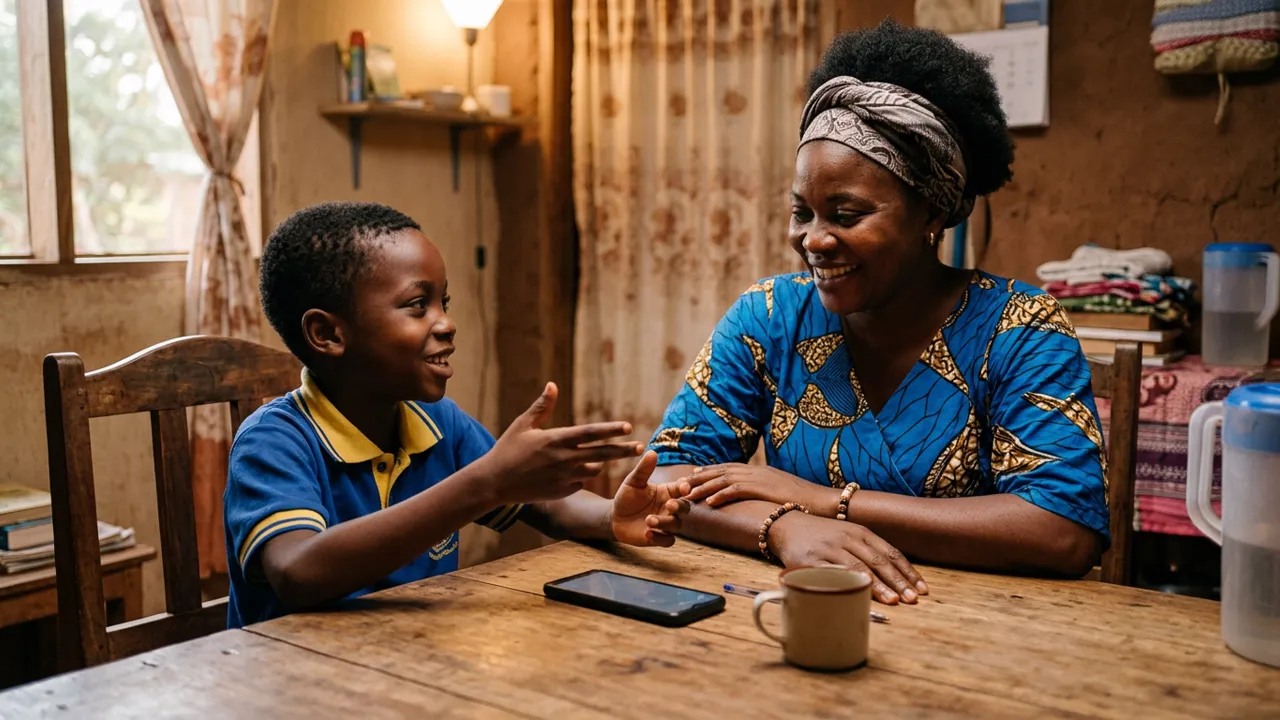 Un garçon explique quelque chose avec les mains à sa mère, assis à la table de la maison ; elle l'écoute en souriant, un téléphone posé entre eux.