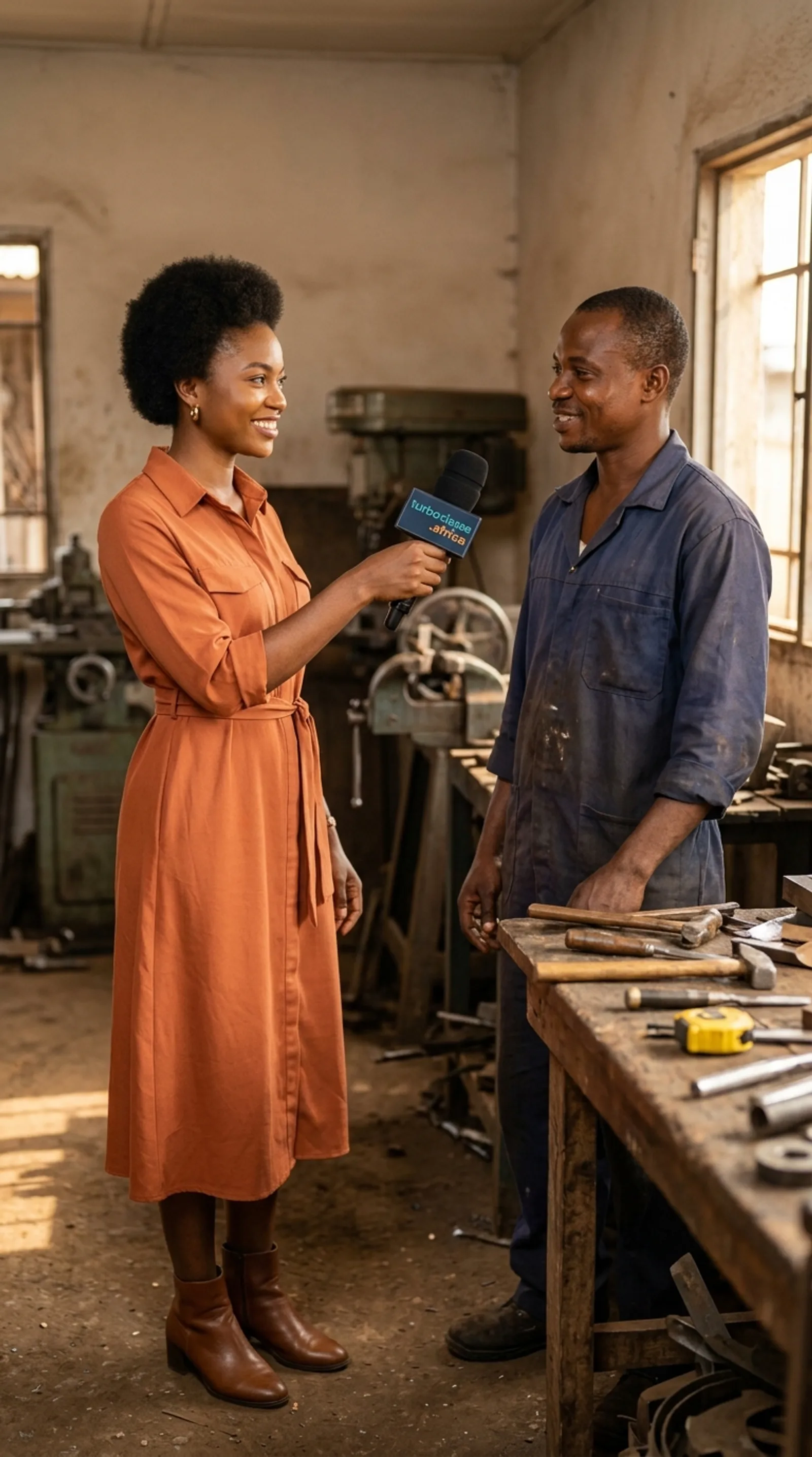 Une journaliste interviewe un grand frère dans un atelier de quartier au Cameroun