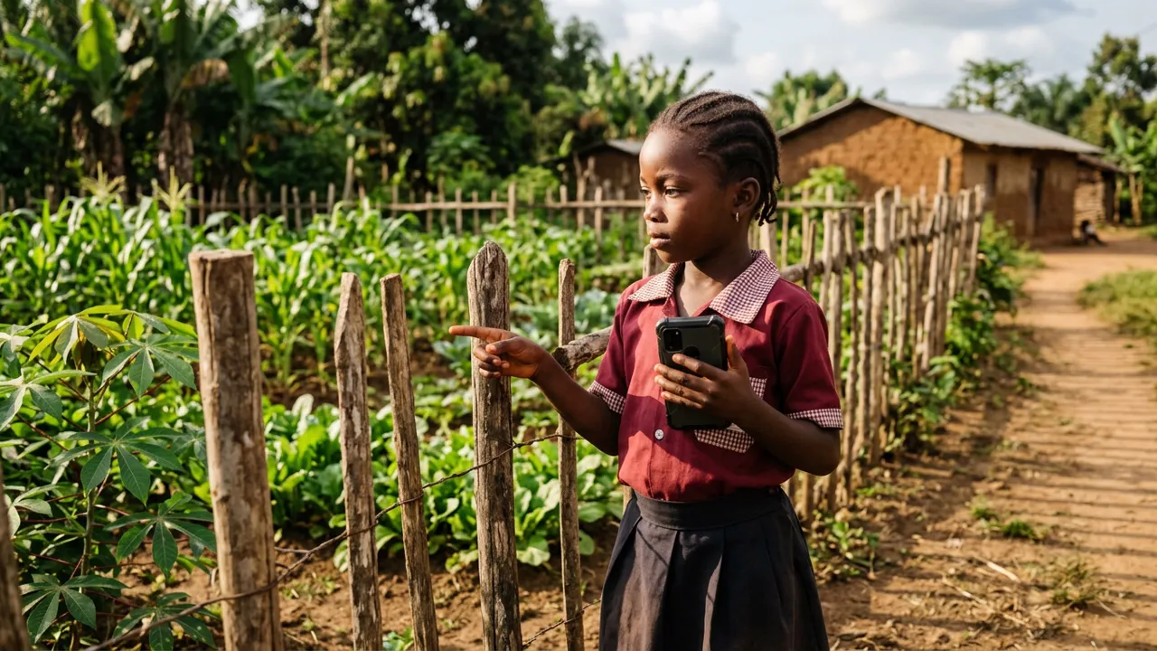 Une écolière en uniforme, au bord d'un potager entouré d'une clôture en bois, tient un téléphone et montre la clôture du doigt, l'air réfléchi.