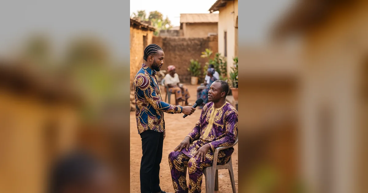 Un journaliste tend un micro à un père assis dans une cour de concession camerounaise