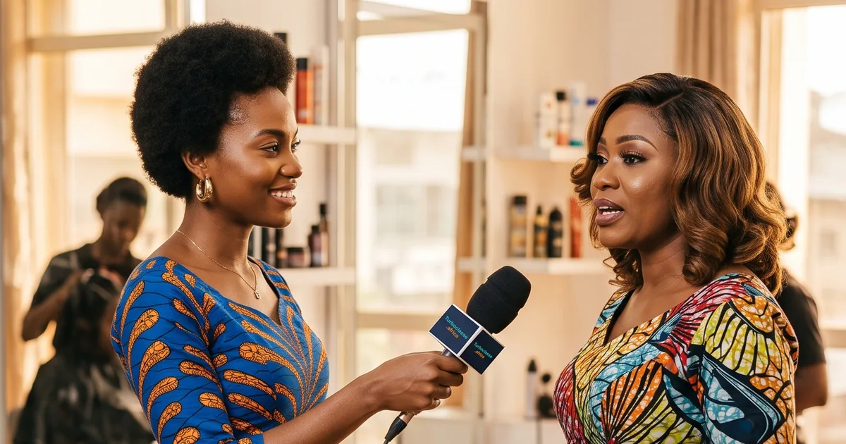 Une journaliste interviewe une femme élégante dans un salon de coiffure au Cameroun