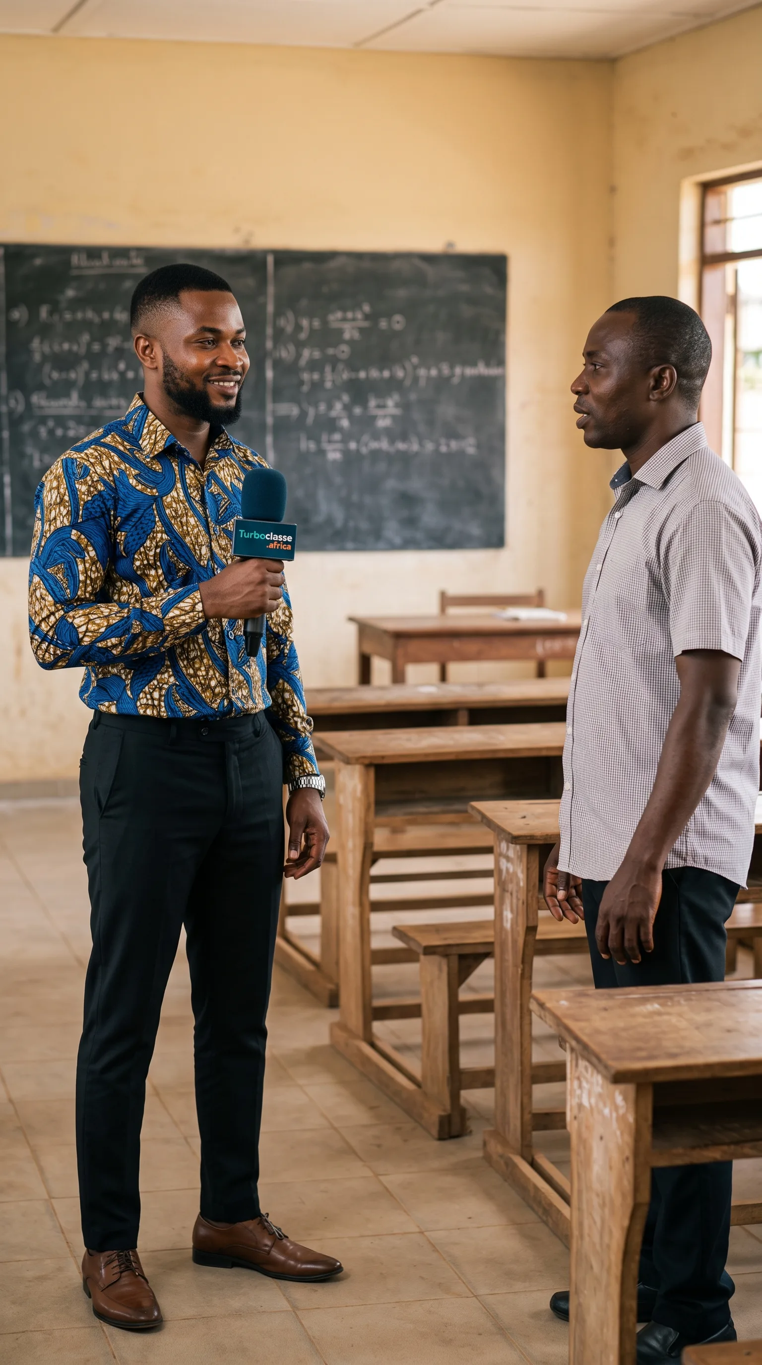 Un journaliste interviewe un enseignant dans une salle de classe au Cameroun