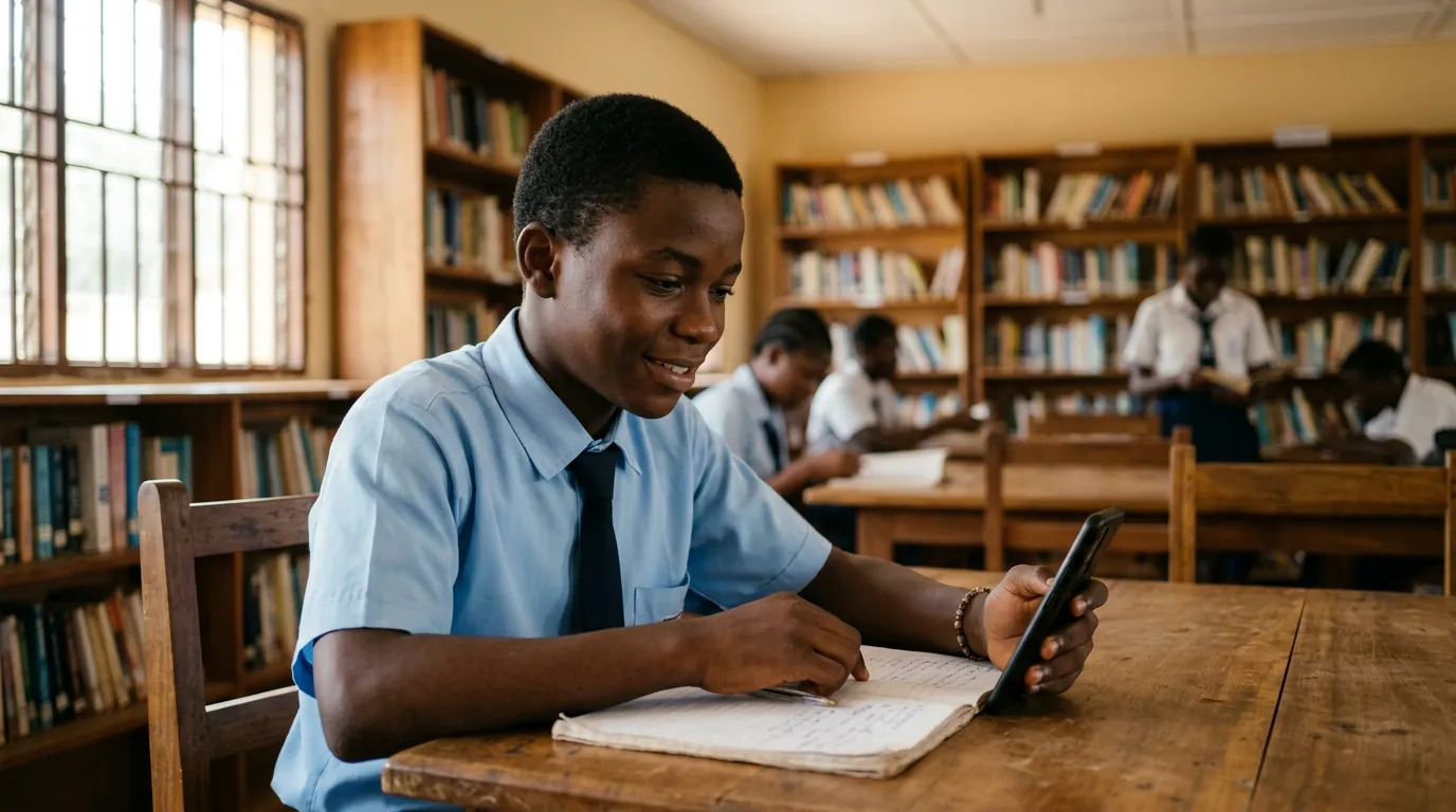 Un journaliste interviewe un élève de Seconde dans un coin de bibliothèque au Cameroun