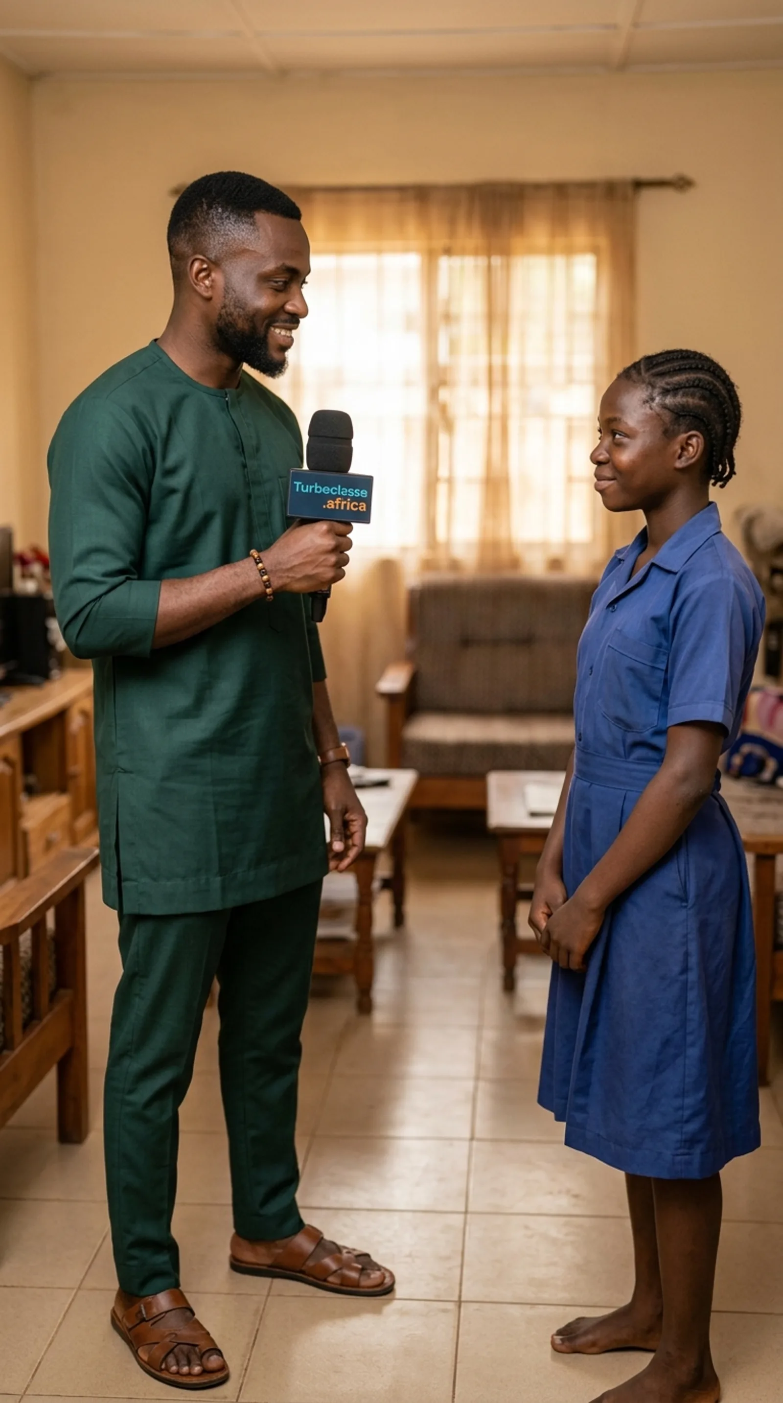Un journaliste interviewe une élève de 5e dans un salon au Cameroun