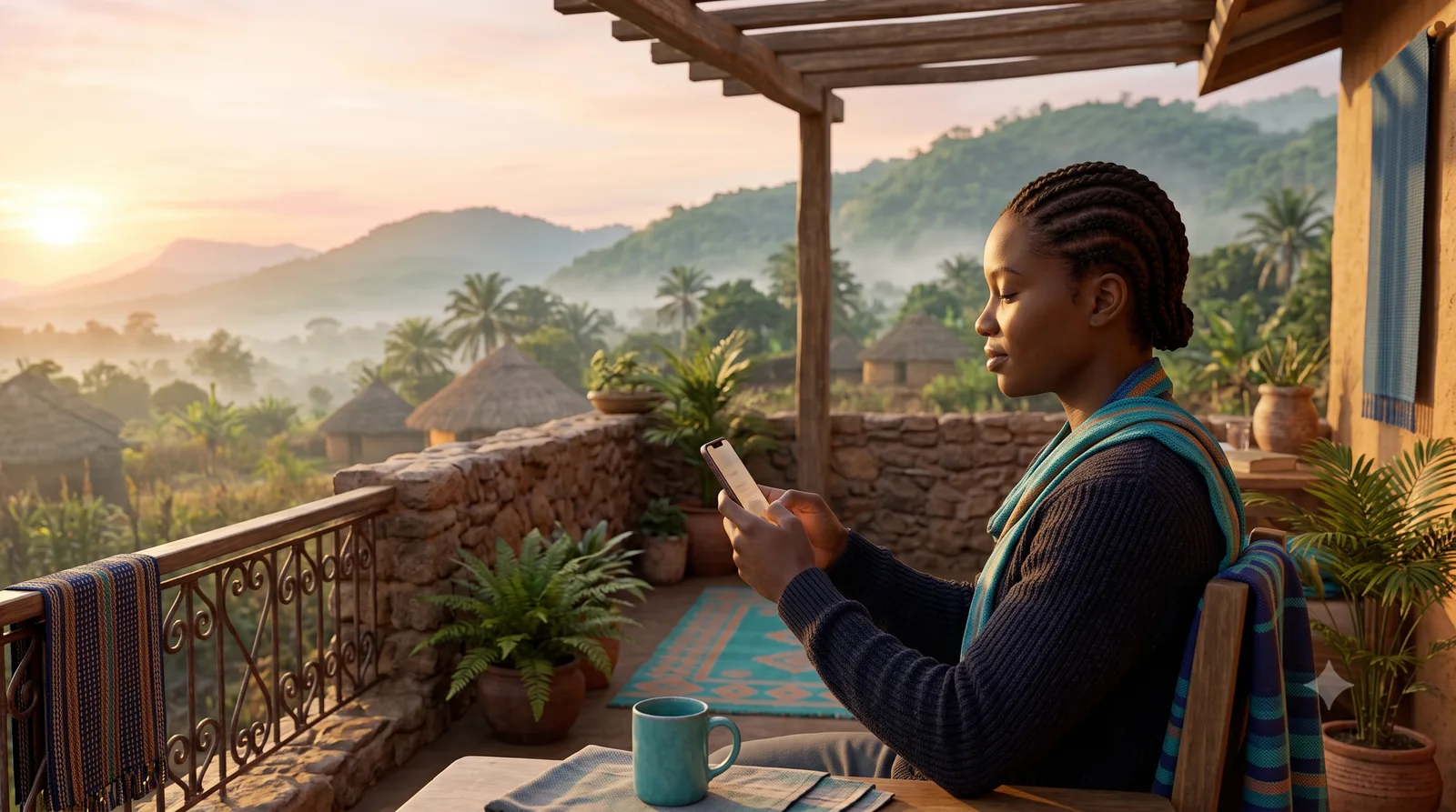 Jeune femme camerounaise, de profil à l'aube sur une terrasse, regardant calmement son téléphone