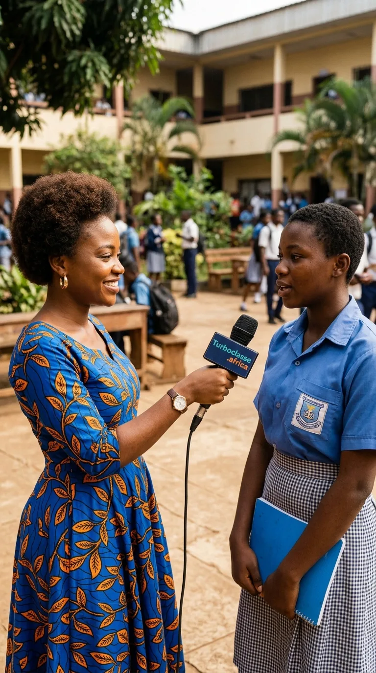 Une journaliste interviewe une lycéenne dans la cour ombragée de son lycée au Cameroun
