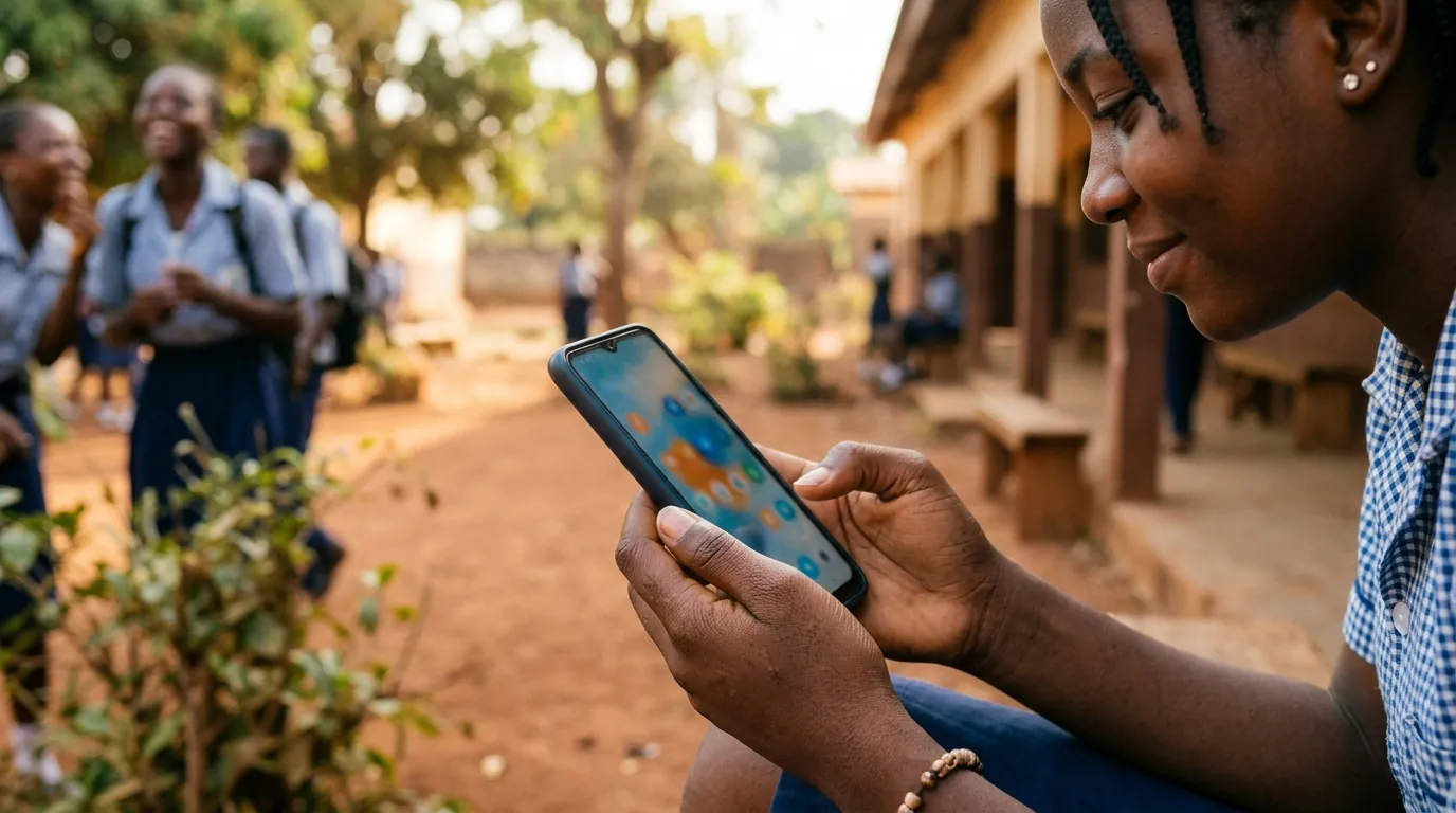Une journaliste interviewe une élève de Première avec son téléphone dans la cour d'un lycée au Cameroun