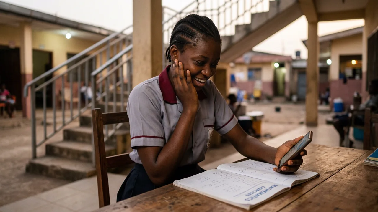 Une collégienne en uniforme, assise à une table dans la cour de son école, sourit devant son cahier de maths ouvert en consultant son téléphone ; un escalier monte derrière elle.