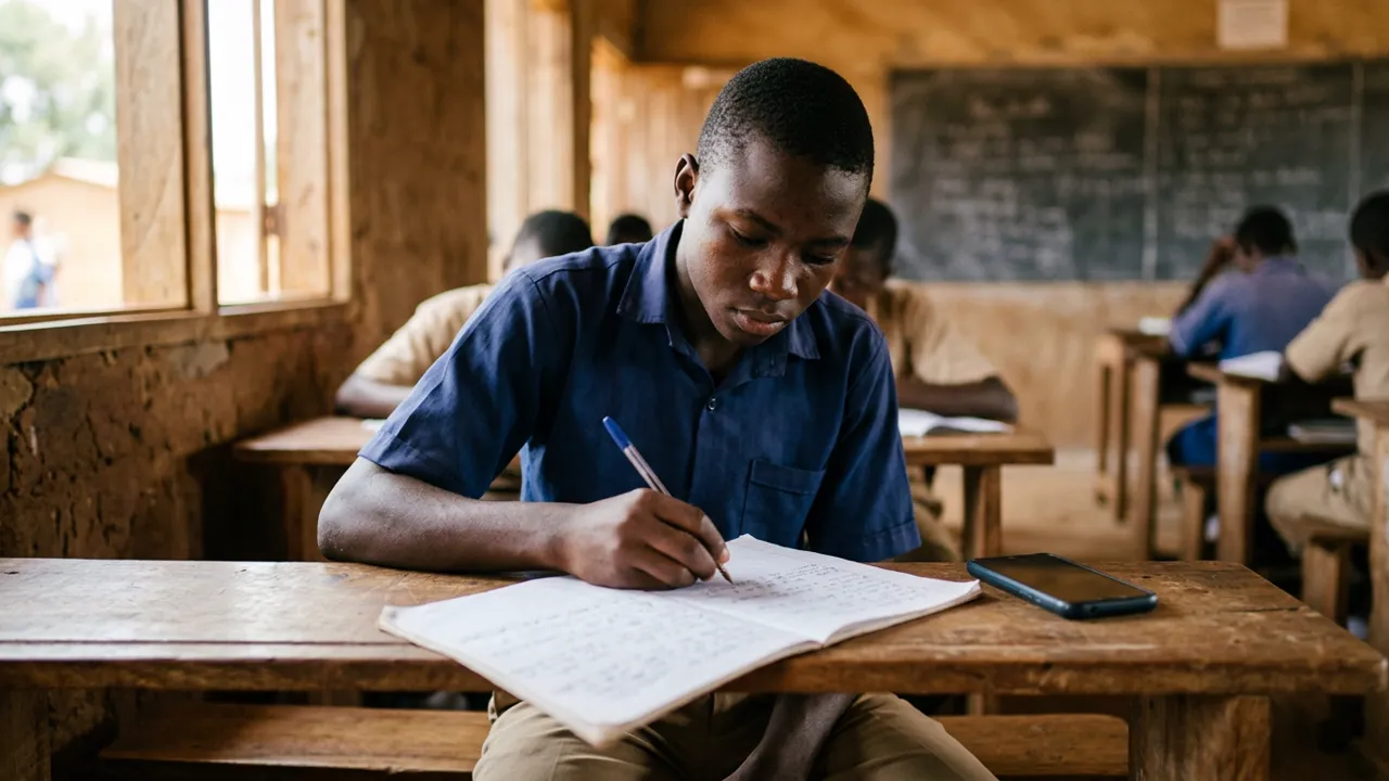 Un élève, assis à son pupitre dans une salle de classe, écrit avec soin dans son cahier ; son téléphone est posé sur la table.