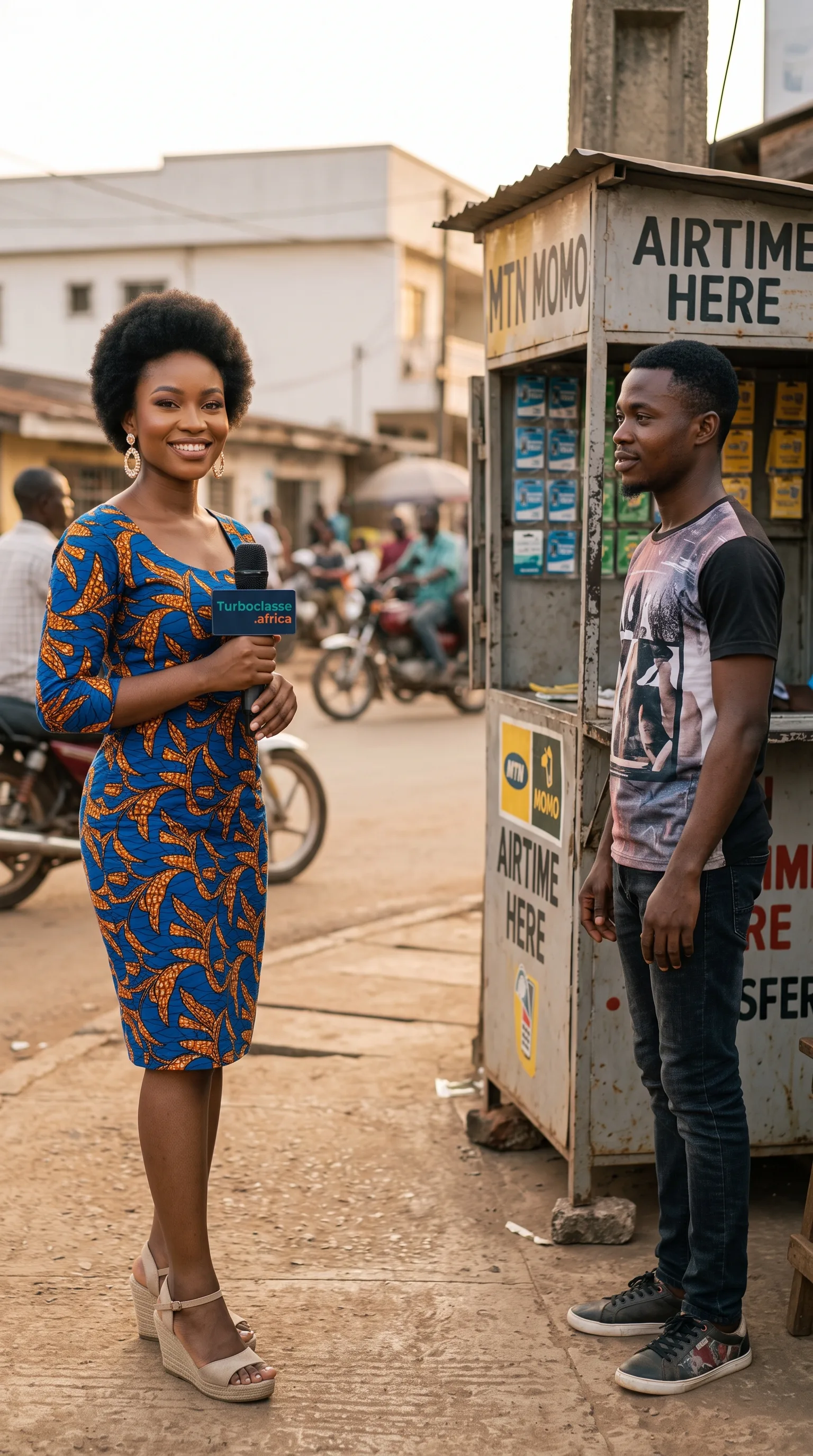 Une journaliste interviewe un jeune homme près d'un kiosque de recharge au Cameroun