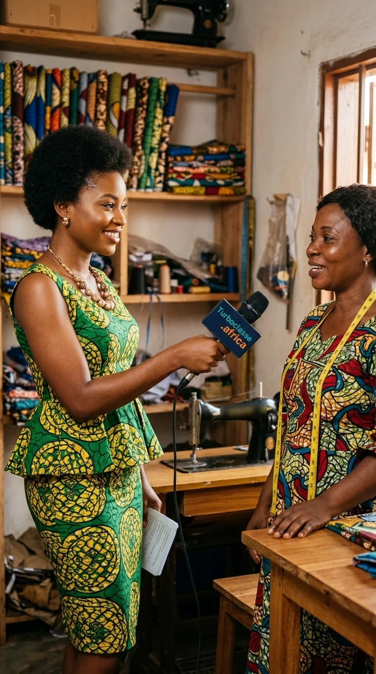 Une journaliste interviewe une couturière dans son atelier au Cameroun, parmi les tissus wax