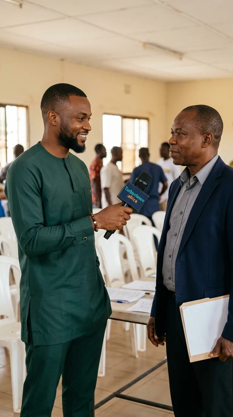 Un journaliste interviewe un président d'association de parents dans une salle communautaire au Cameroun