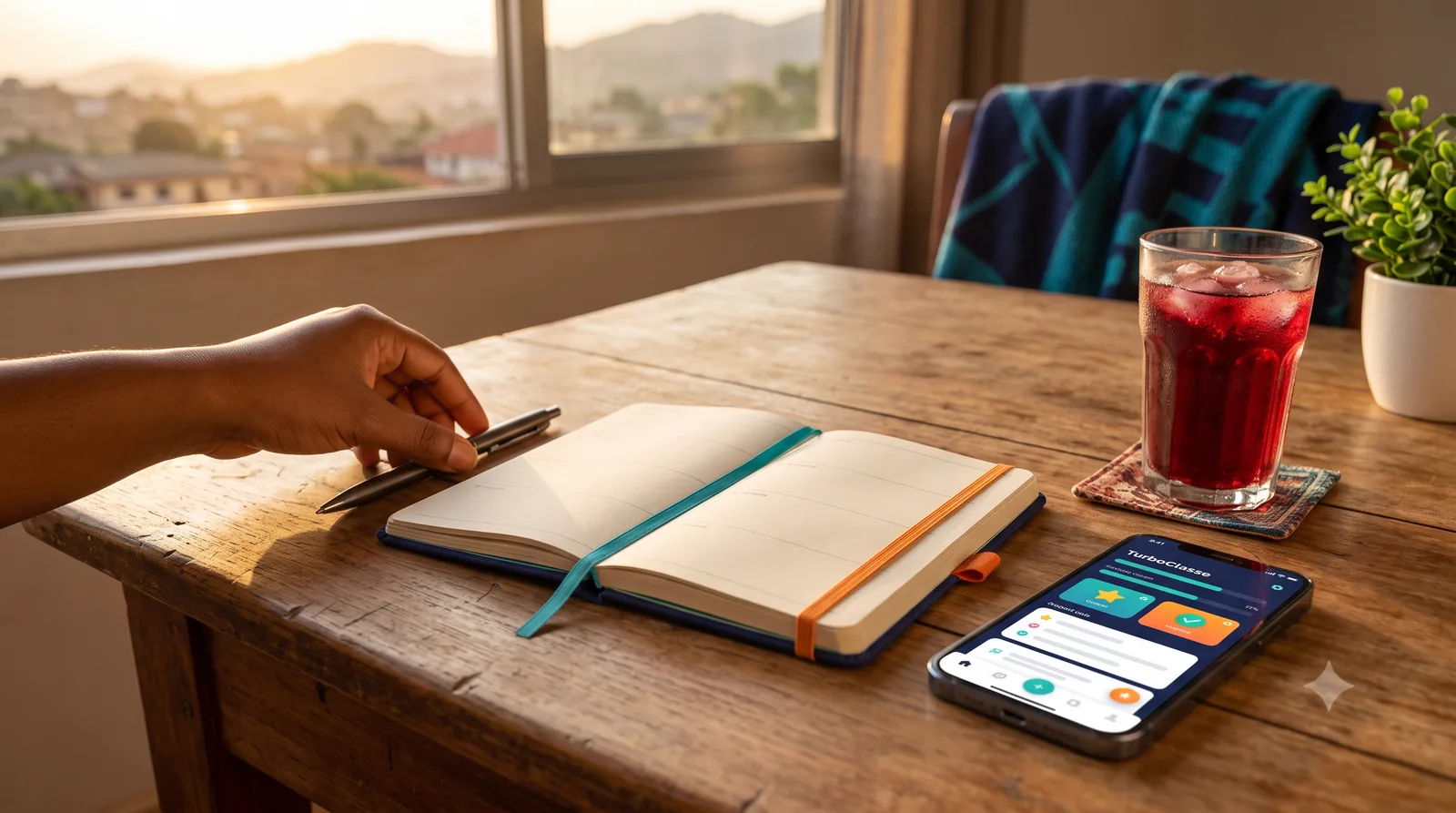 Un carnet de planning, un smartphone TurboClasse et un verre de bissap sur une table, un dimanche soir