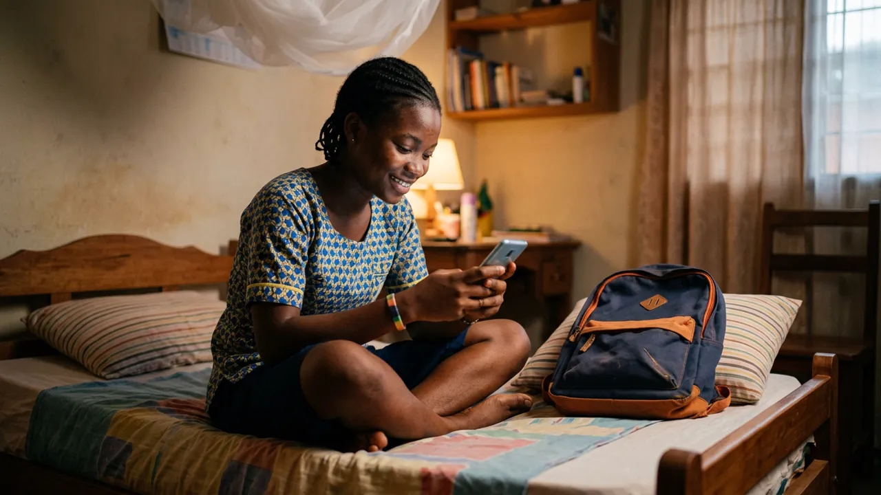 Une élève assise en tailleur sur son lit, le soir, tape une question sur son téléphone avec un sourire soulagé ; son sac d'école est posé à côté d'elle.