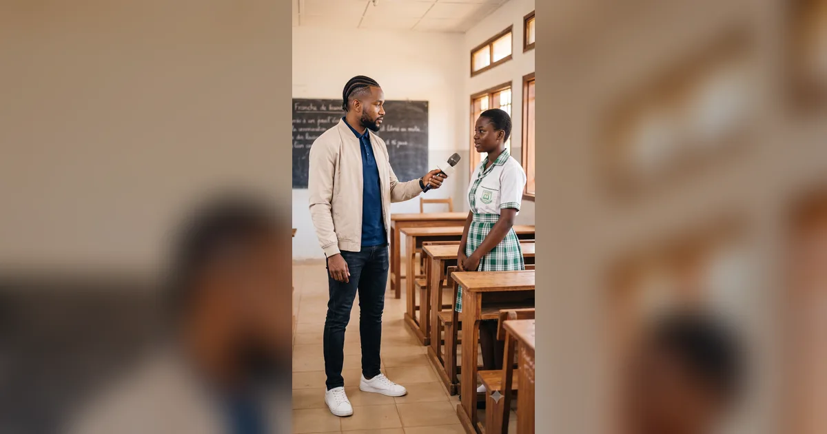 Un journaliste tend un micro à une élève en uniforme dans une salle de classe camerounaise.
