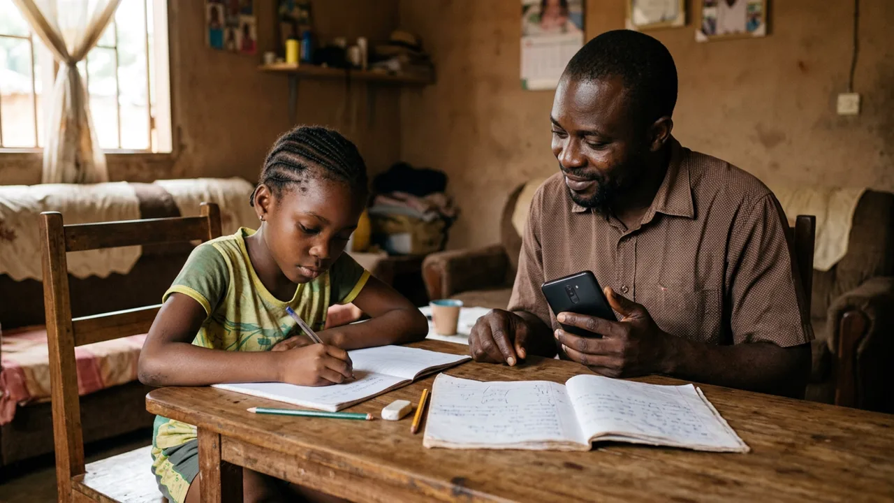 Une écolière recopie sa leçon dans son cahier, à la table de la maison ; son père, assis à côté d'elle, suit sur son téléphone.
