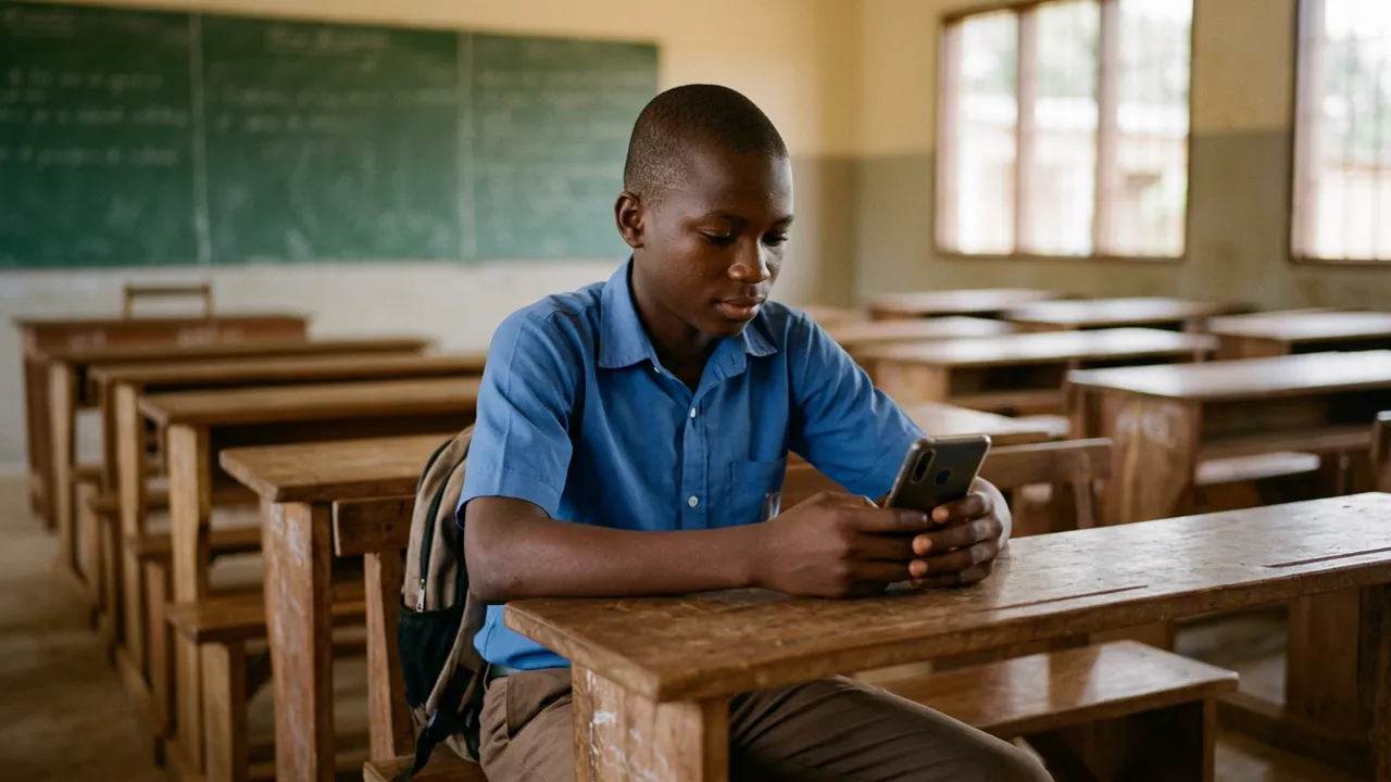 Un collégien, seul à son pupitre dans une salle de classe avant le début du cours, fait des exercices sur son téléphone, l'air calme et décidé ; derrière lui, un tableau noir.