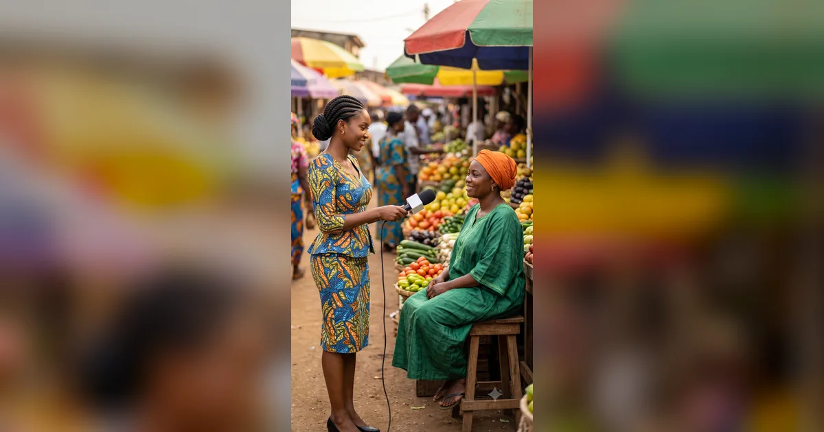 Une journaliste tend un micro à une maman sur son étal, dans un marché camerounais
