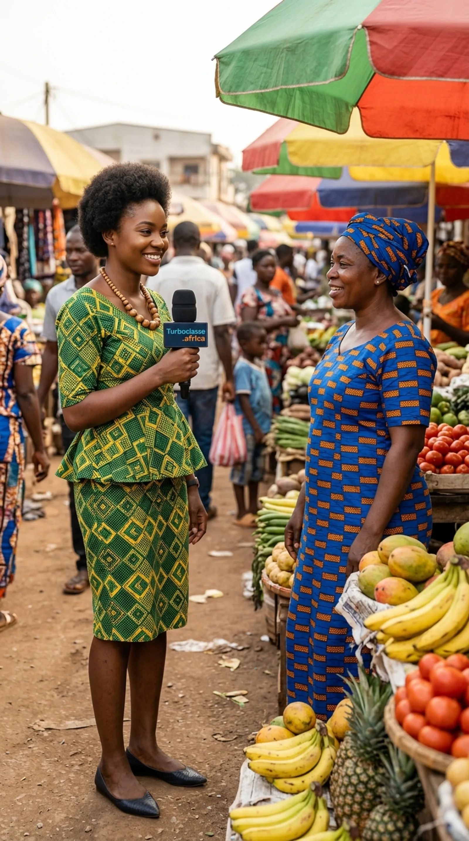 Une journaliste interviewe une tutrice dans un marché au Cameroun