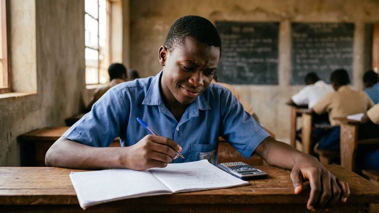 Un lycéen en classe suspend son stylo au-dessus de son cahier, le sourcil froncé devant son résultat, une calculatrice posée à côté de lui.