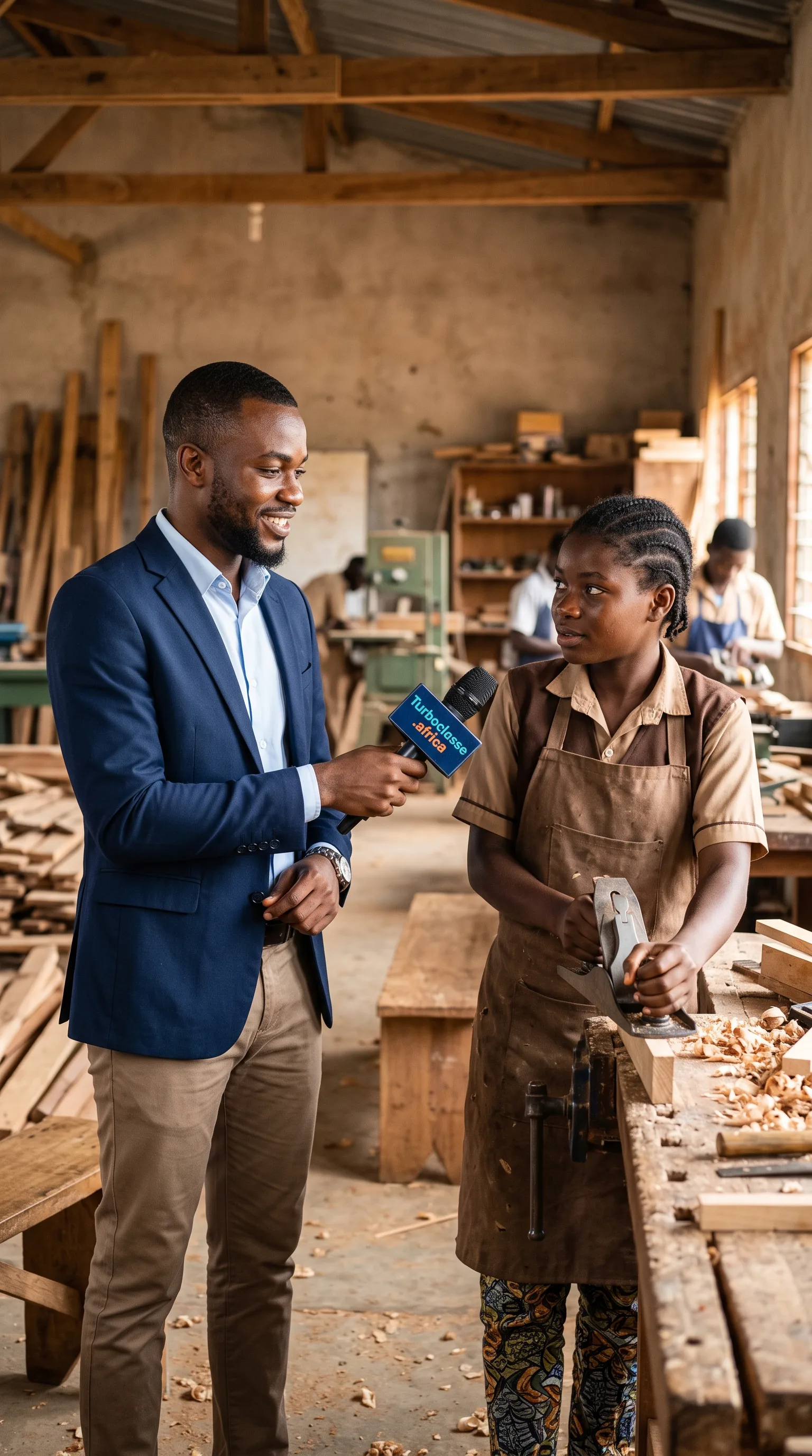Un journaliste interviewe une élève dans un atelier de menuiserie camerounais