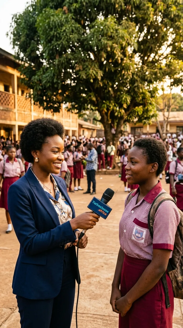 Une journaliste interviewe une élève de troisième dans la cour d'un collège au Cameroun, à la fin de la journée