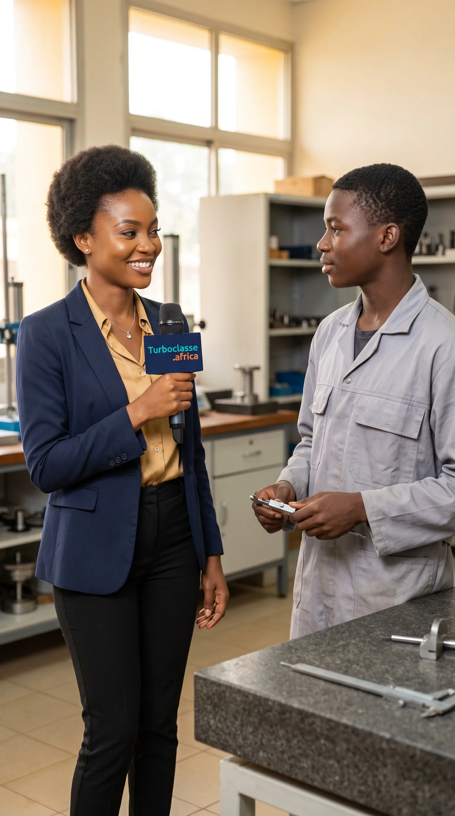 Une journaliste interviewe un élève dans une salle de métrologie camerounaise