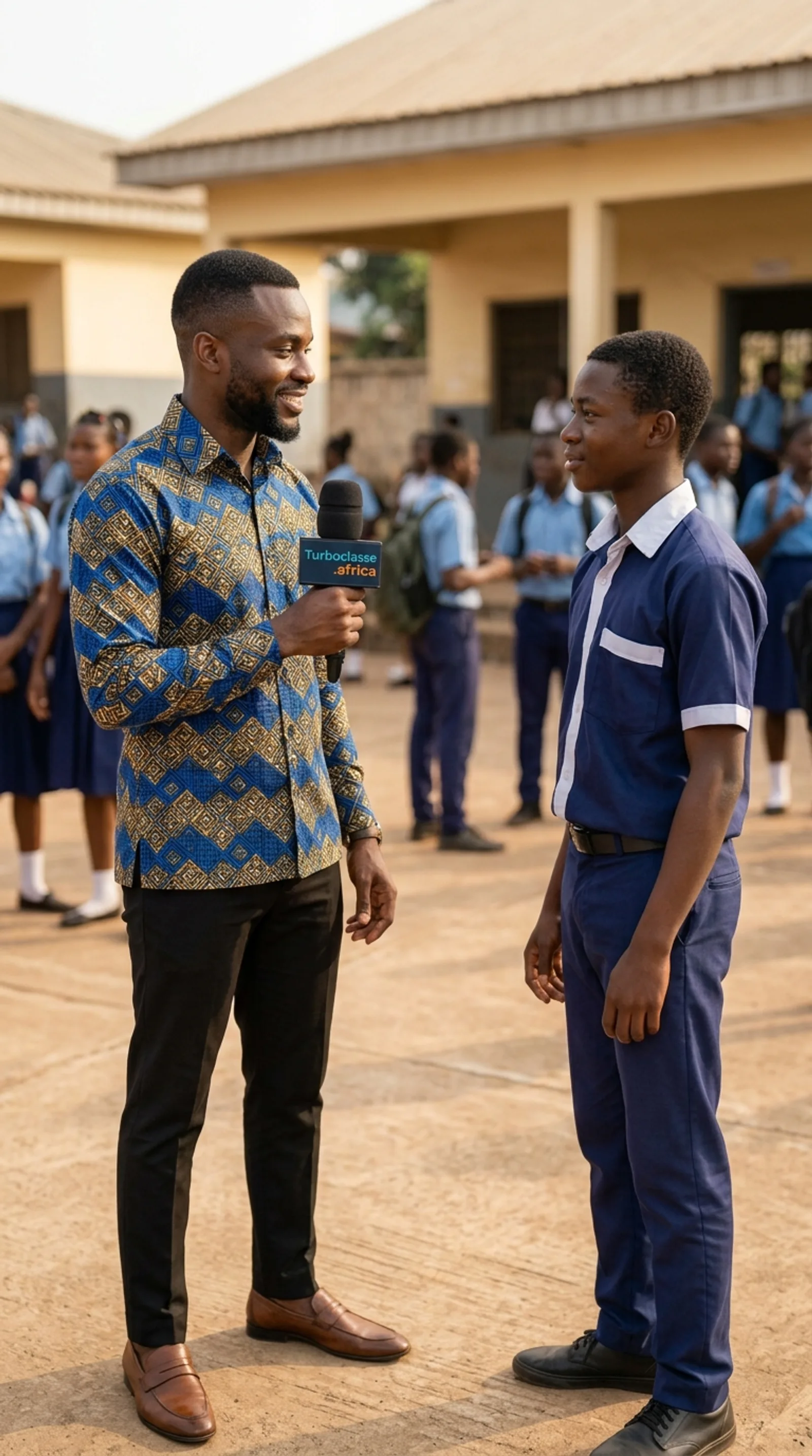 Un journaliste interviewe un élève de Terminale dans la cour d'un lycée au Cameroun