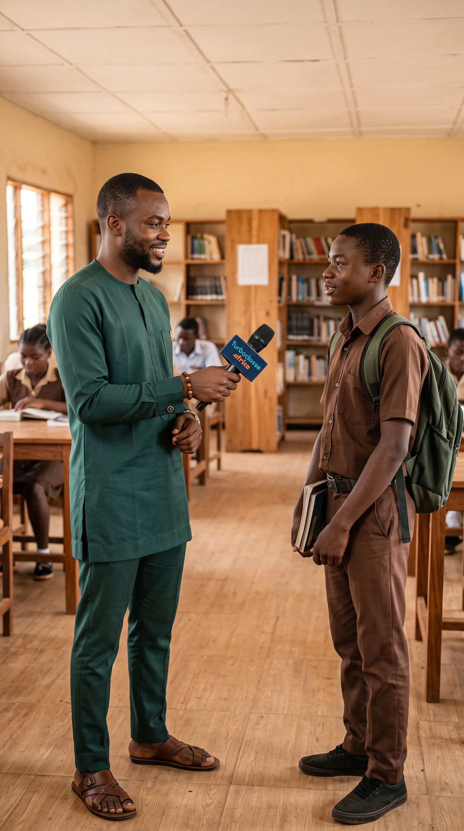 Un journaliste interviewe un élève dans la bibliothèque d'un lycée camerounais