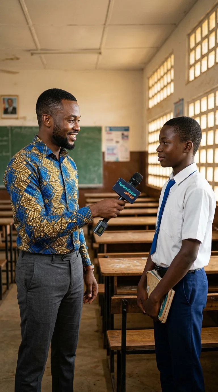 Un journaliste interviewe un élève de Terminale dans une salle de classe vide au Cameroun