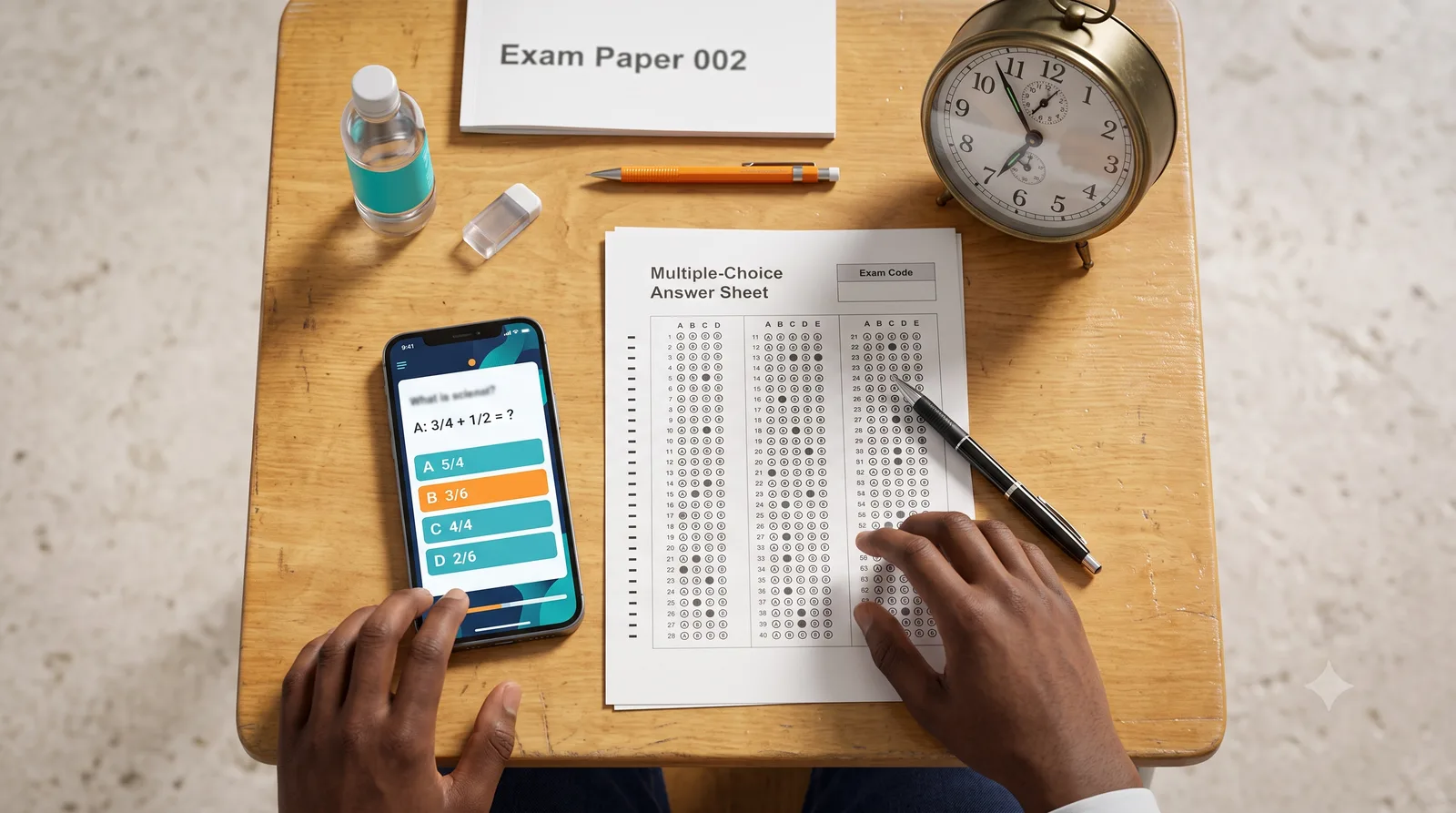 Table d'examen vue de dessus : feuille de réponses, horloge et smartphone affichant un QCM