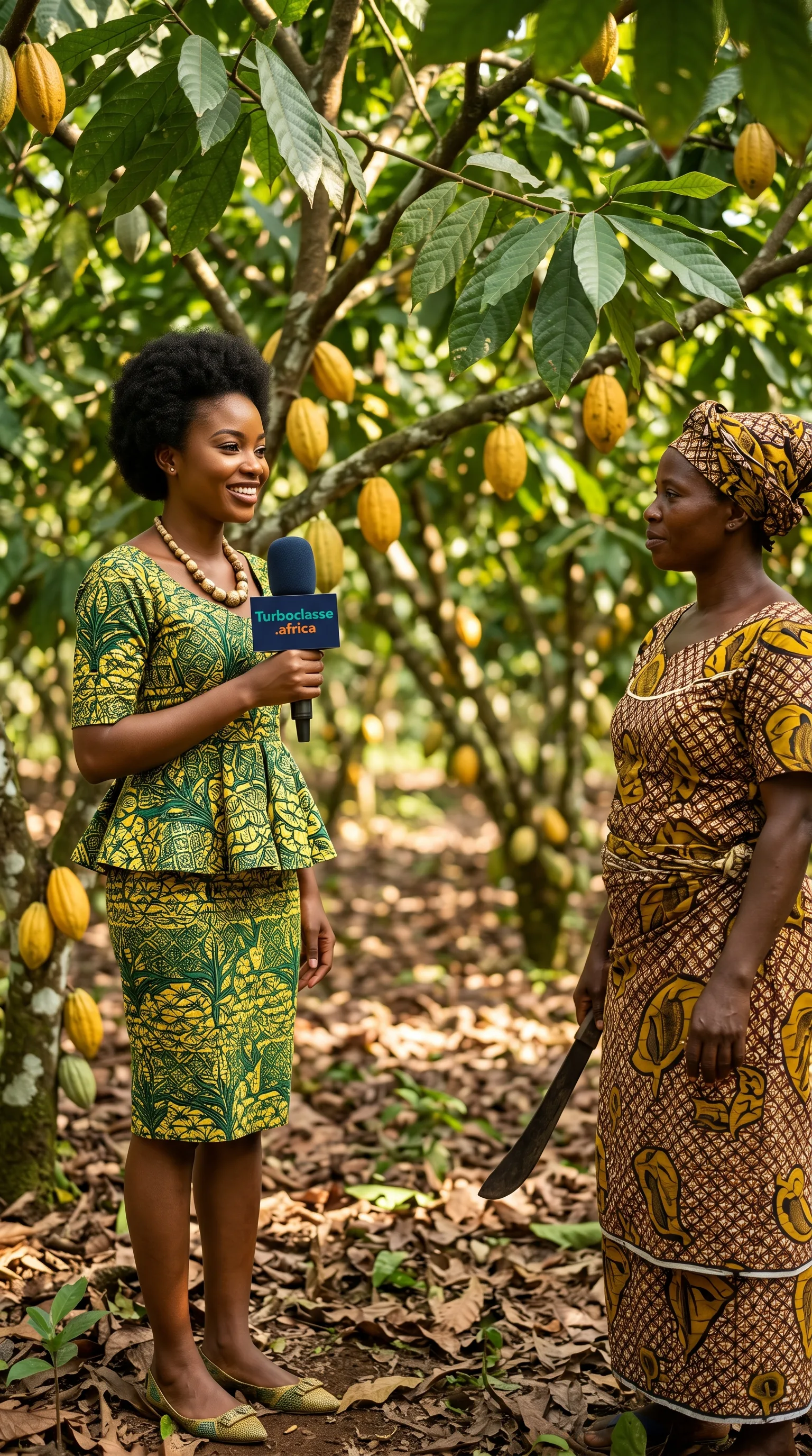 Une journaliste interviewe une cultivatrice dans un champ de cacao au Cameroun