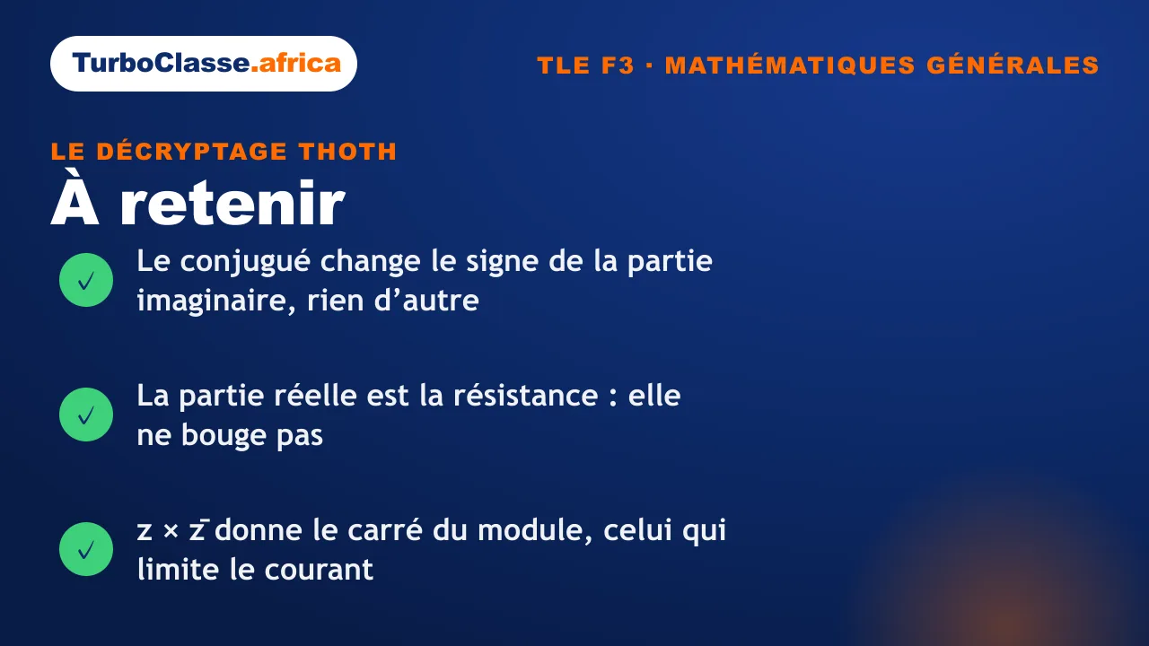 Carte « à retenir » : les trois réflexes sur le conjugué et l'impédance, Terminale F3. Fond bleu nuit TurboClasse.