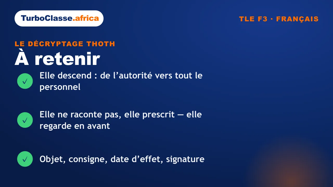 Carte « à retenir » : les trois réflexes sur la note de service, Terminale F3. Fond bleu nuit TurboClasse.