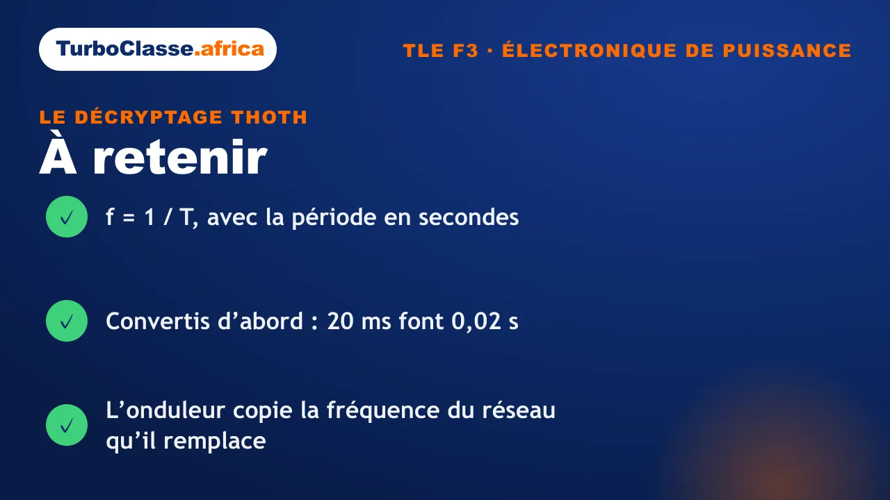 Carte « à retenir » : les trois réflexes sur période et fréquence, Terminale F3. Fond bleu nuit TurboClasse.
